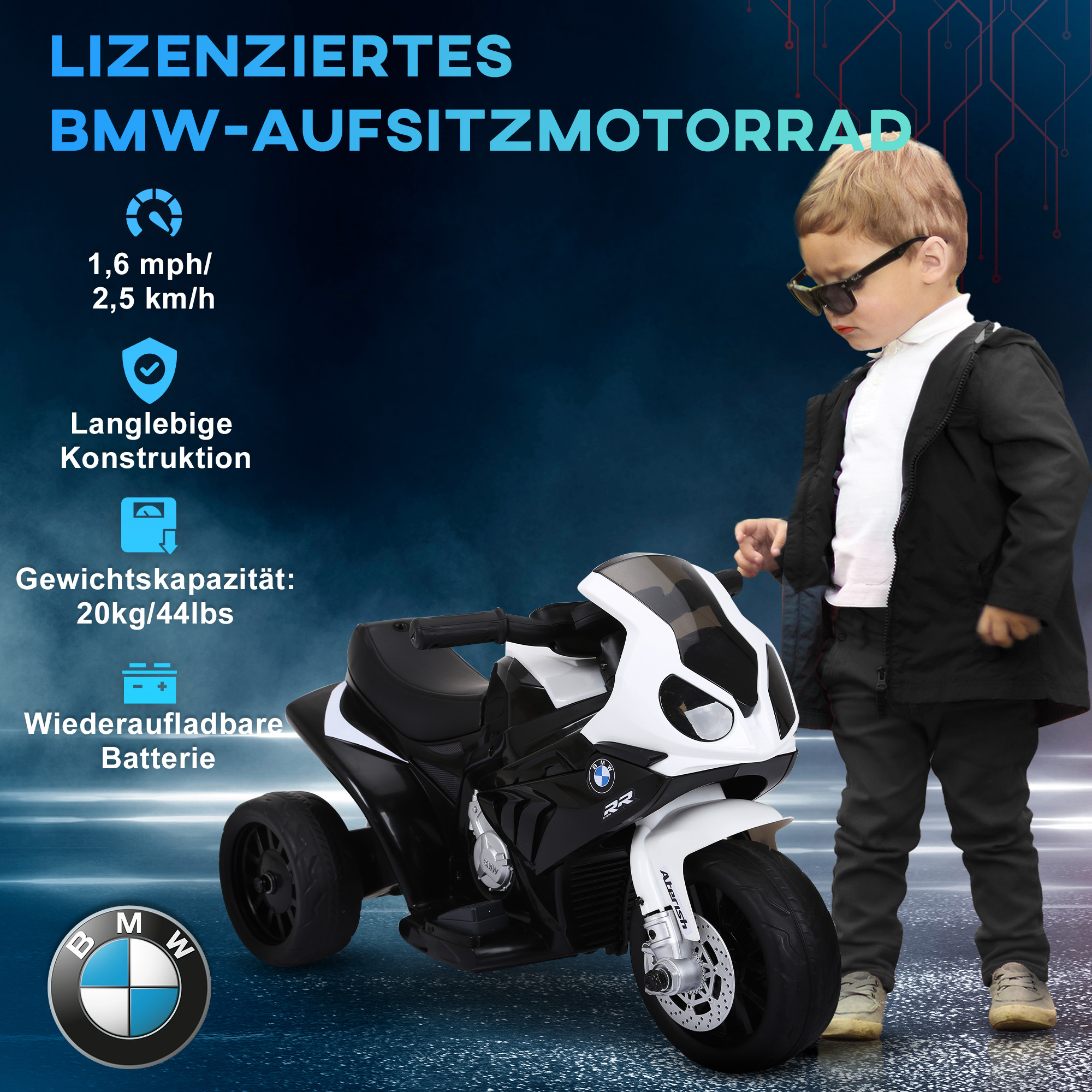 Elektro Kindermotorrad BMW S1000RR Elektromotorrad mit Musik, Scheinwerfer, Kinder Elektro Motorrad für Kinder von 18-36 Monaten Schwarz