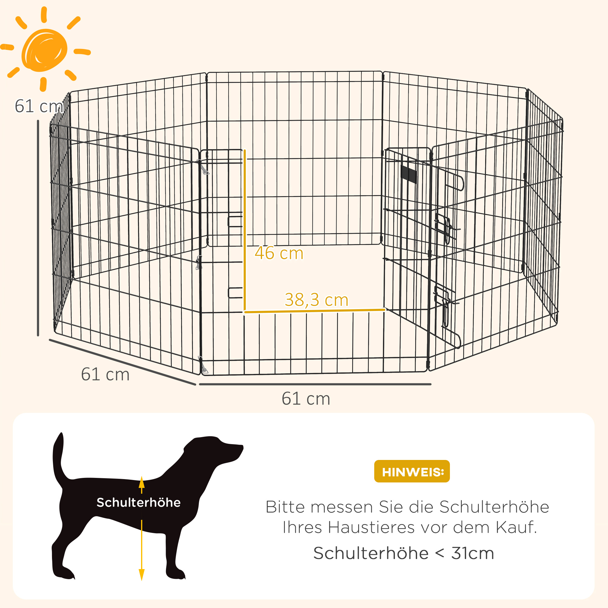 Haustierlaufstall, Spielgehege für Welpen und kleine Hunde, mit Tür, Indoor- und Outdoor-tauglich, 61 cm, Schwarz