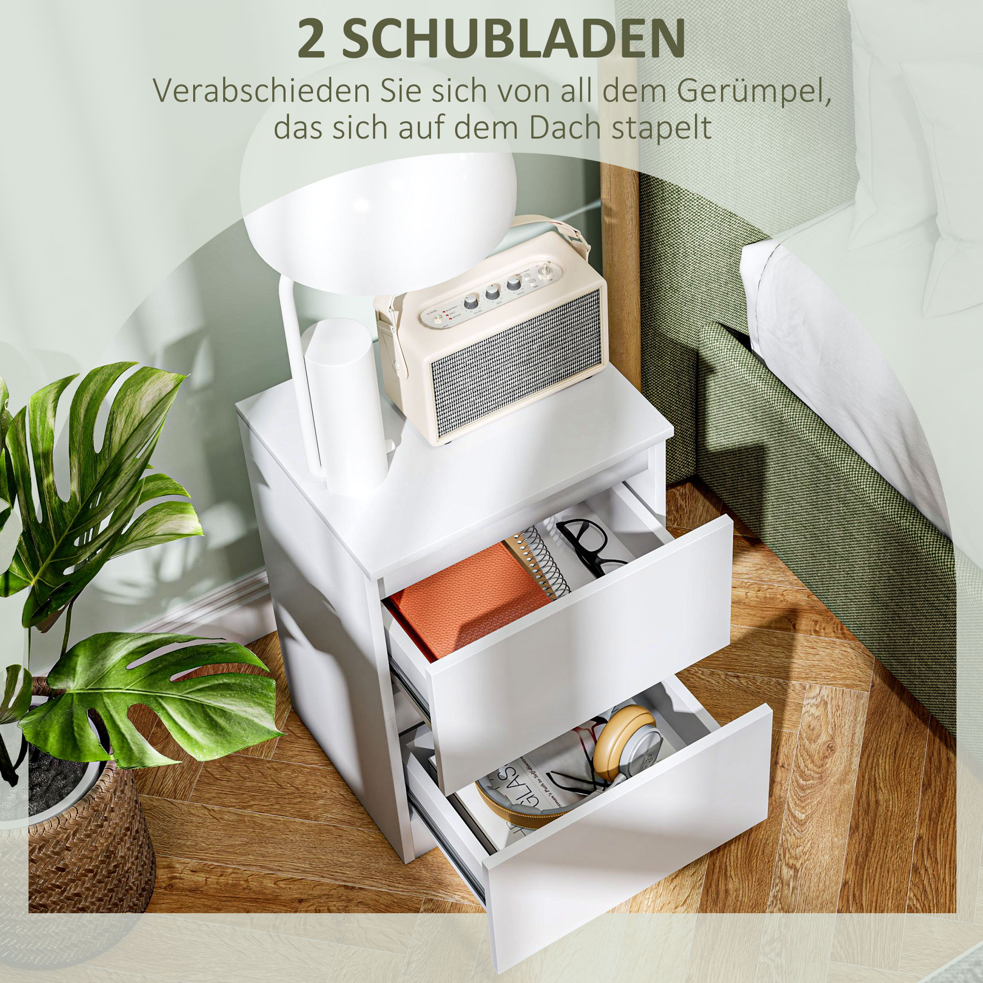 Nachttisch mit 2 Schubladen, Beistelltisch mit Stauraum, für Wohnzimmer, Schlafzimmer, Weiß