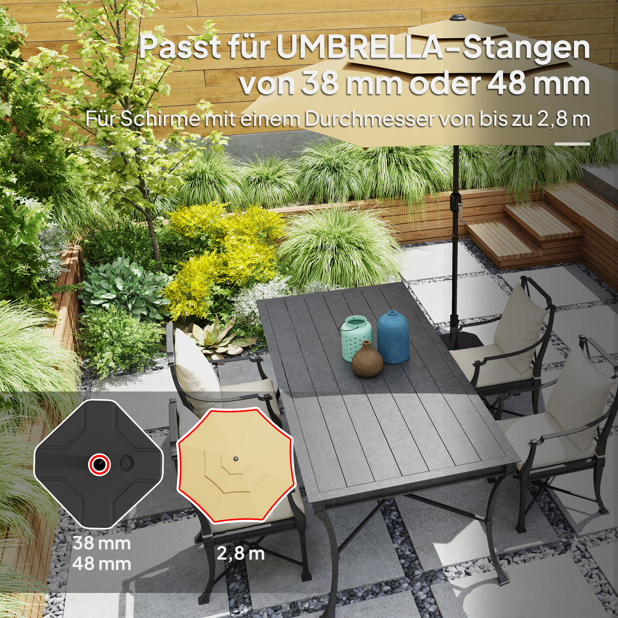 Sonnenschirmständer bis 25 kg befüllbar Schirmständer, Quadratisch Schirmhalter Ständer für Sonnenschirm 38/48mm