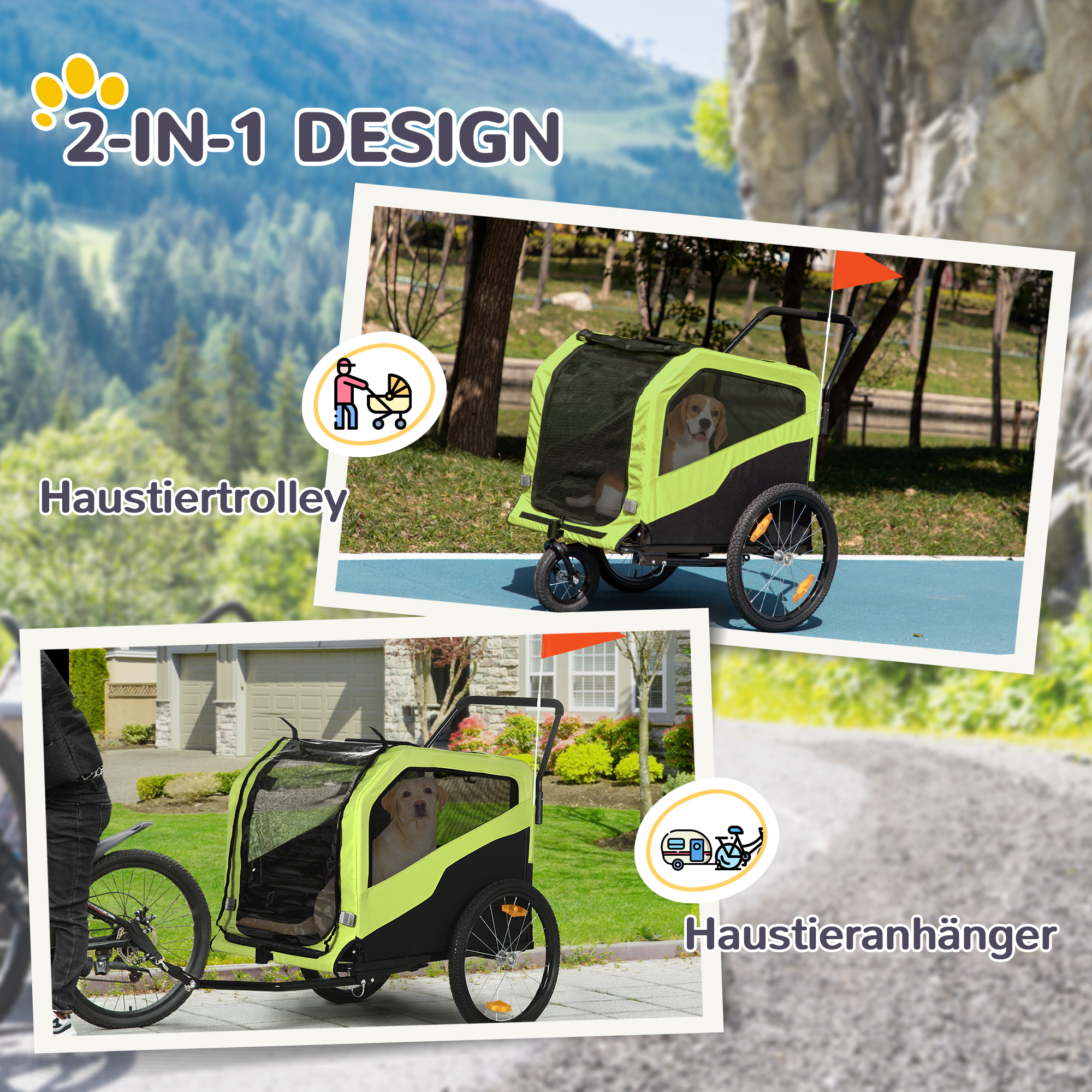 2in1 Hundeanhänger, Schiebefunktion, 2 Eingänge, Netzfenster, Sonnenschutz, Stahlrahmen, grün, 170 x 77 x 90 cm