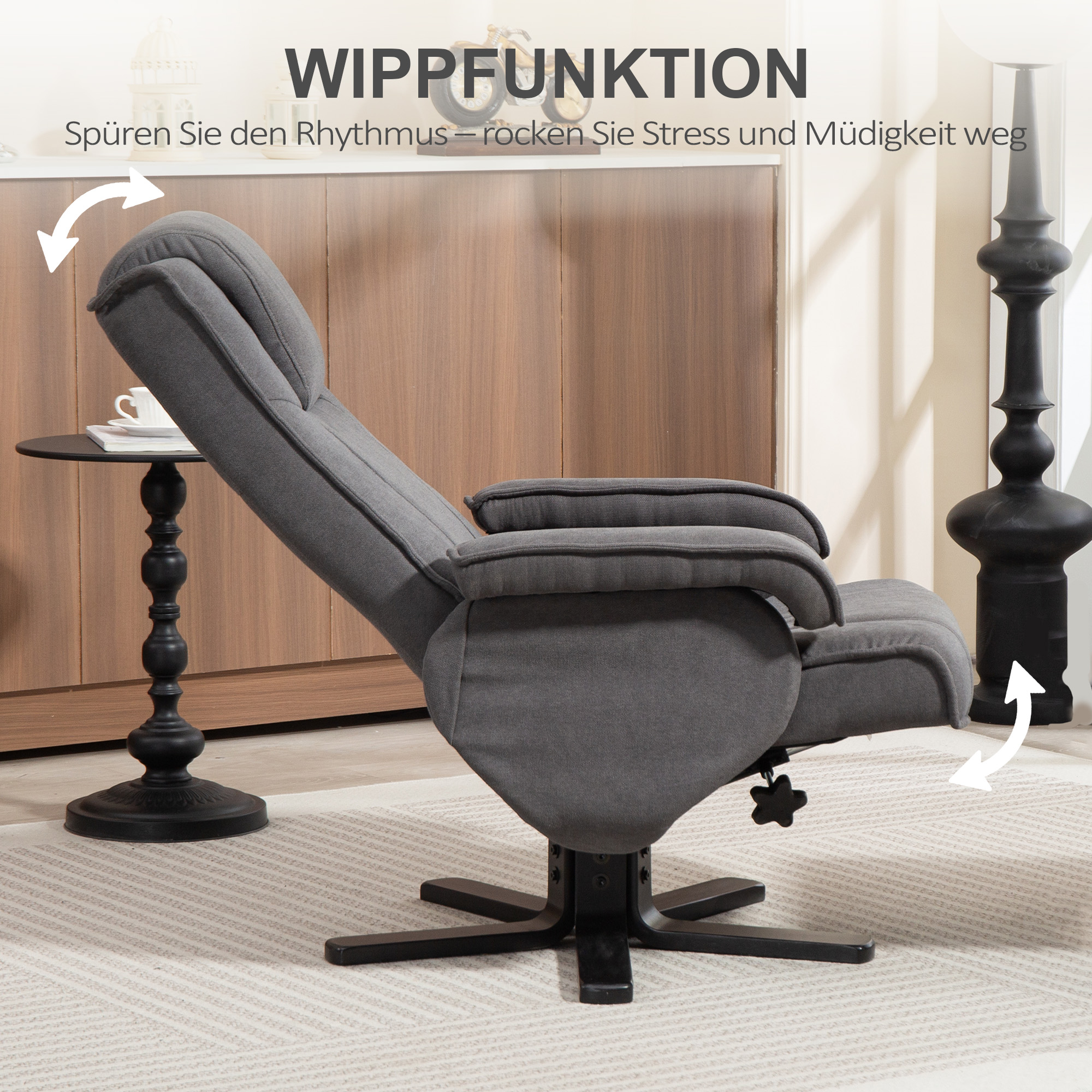 Schaukelbarer Relaxsessel mit Fußhocker, Stoffbezug in Samtoptik, drehbarer Polstersessel, Holzgestell, Grau