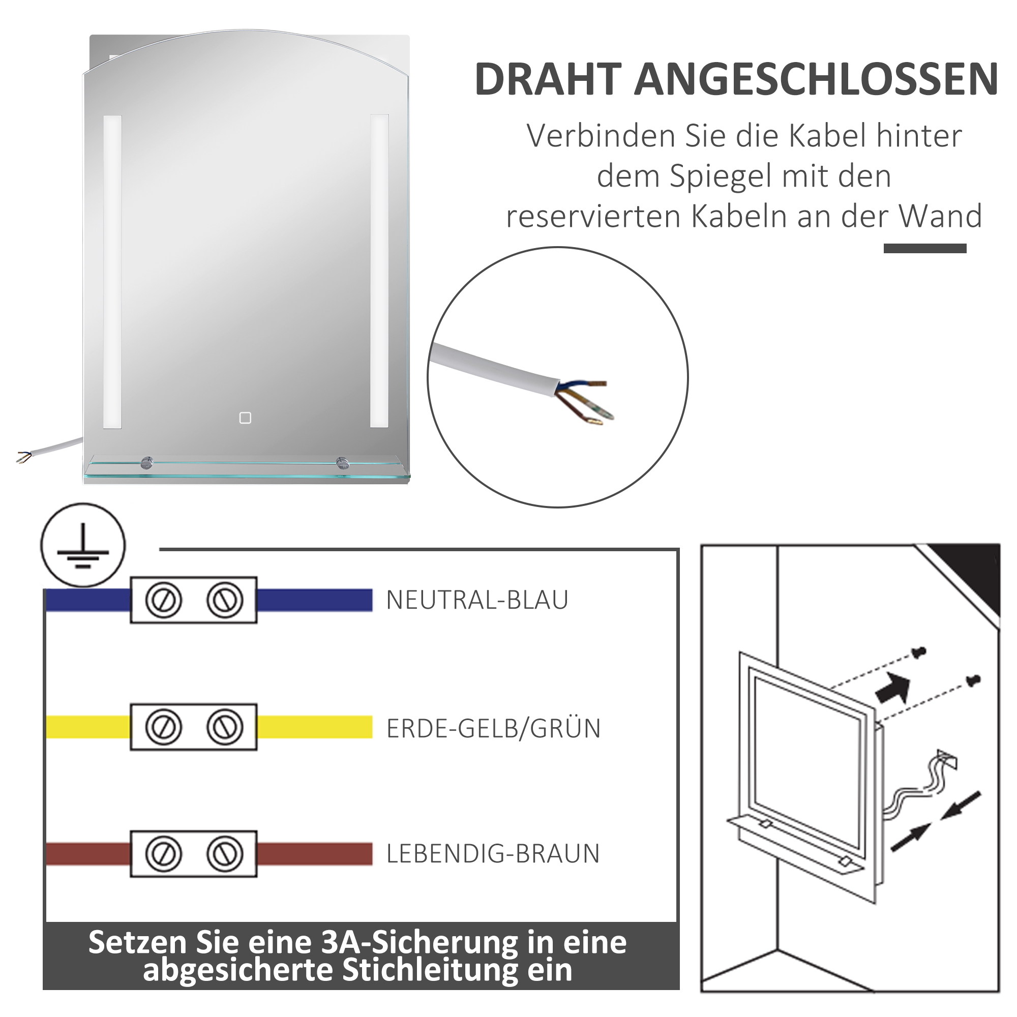 Badezimmerspiegel mit LED-Beleuchtung, elegant und hochwertig, Glas, Aluminium, Kunststoff, 50L x 12B x 70H cm