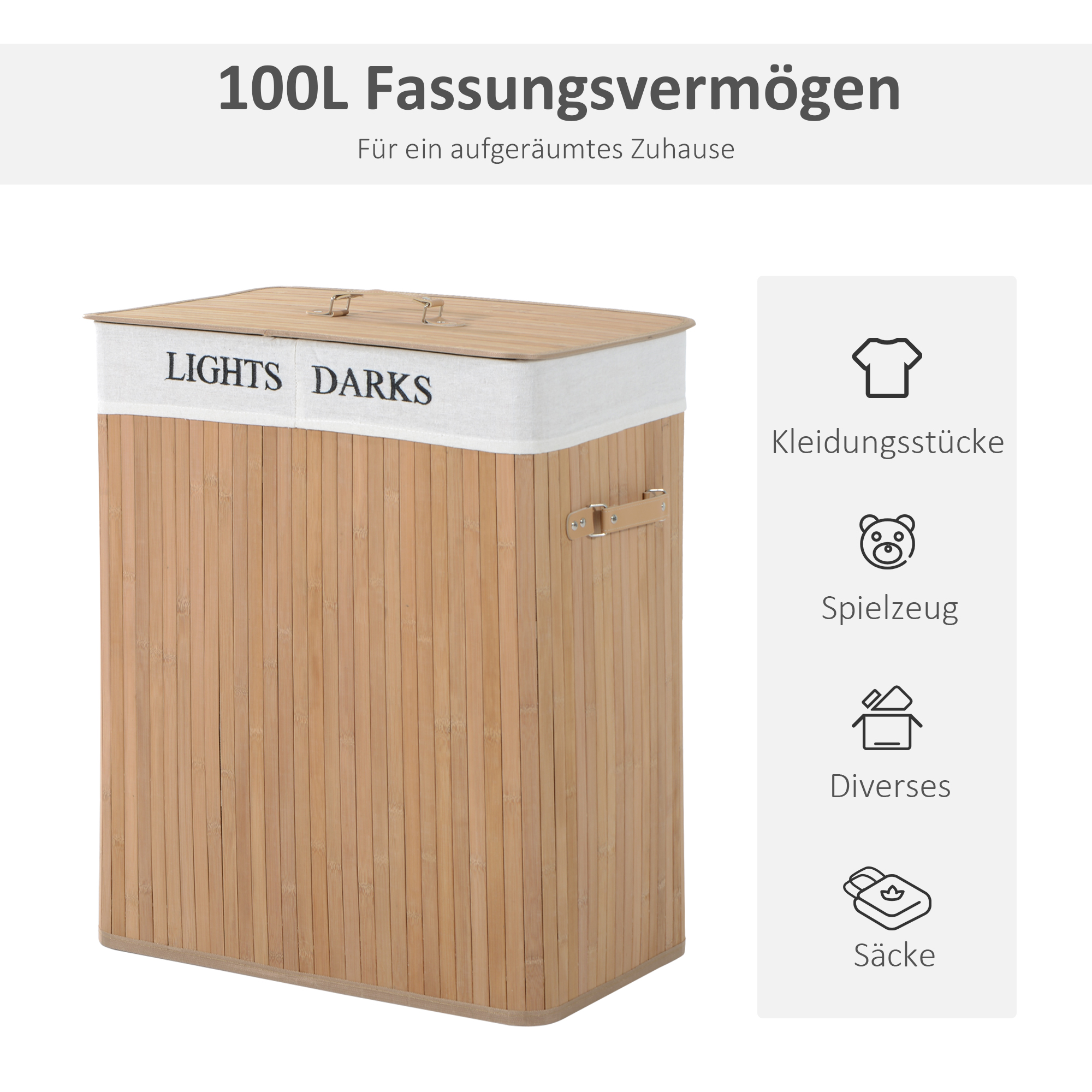 Bambus Wäschekorb mit Deckel 100 L Wäschesammler mit PU-Griffen, Wäschesack aus Segeltuch, Laundry Baskets Wäschesortierer für Waschküche Schlafzimmer Badezimmer Natur