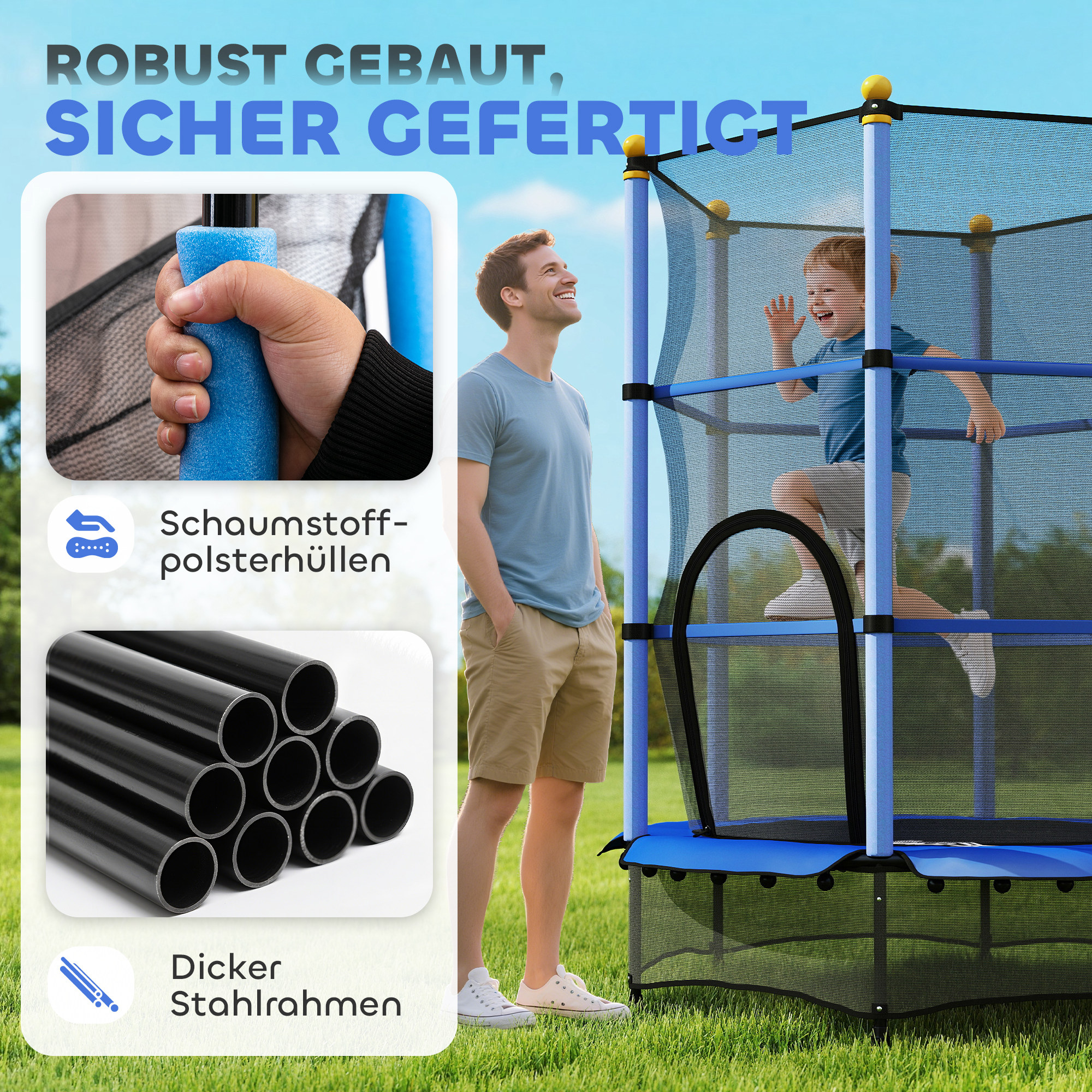 Trampolin für Kinder, Ø140 cm, mit Sicherheitsnetz, für innen und außen, Stahl, Kunststoff, belastbar bis 50 kg, Blau