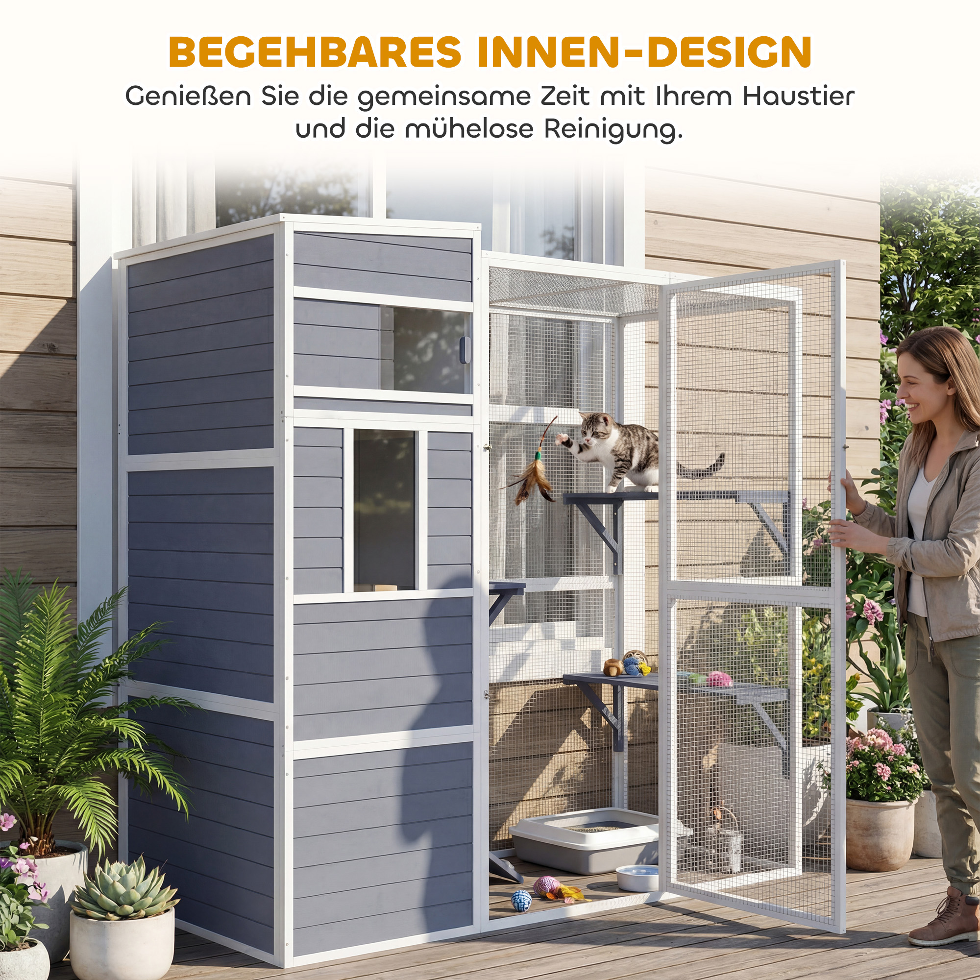 Katzengehege Outdoor Katzenhaus aus Holz mit 3 Plattformen wetterfest Dach Ruhebereich für 3-4 Katze bis 10 kg Grau