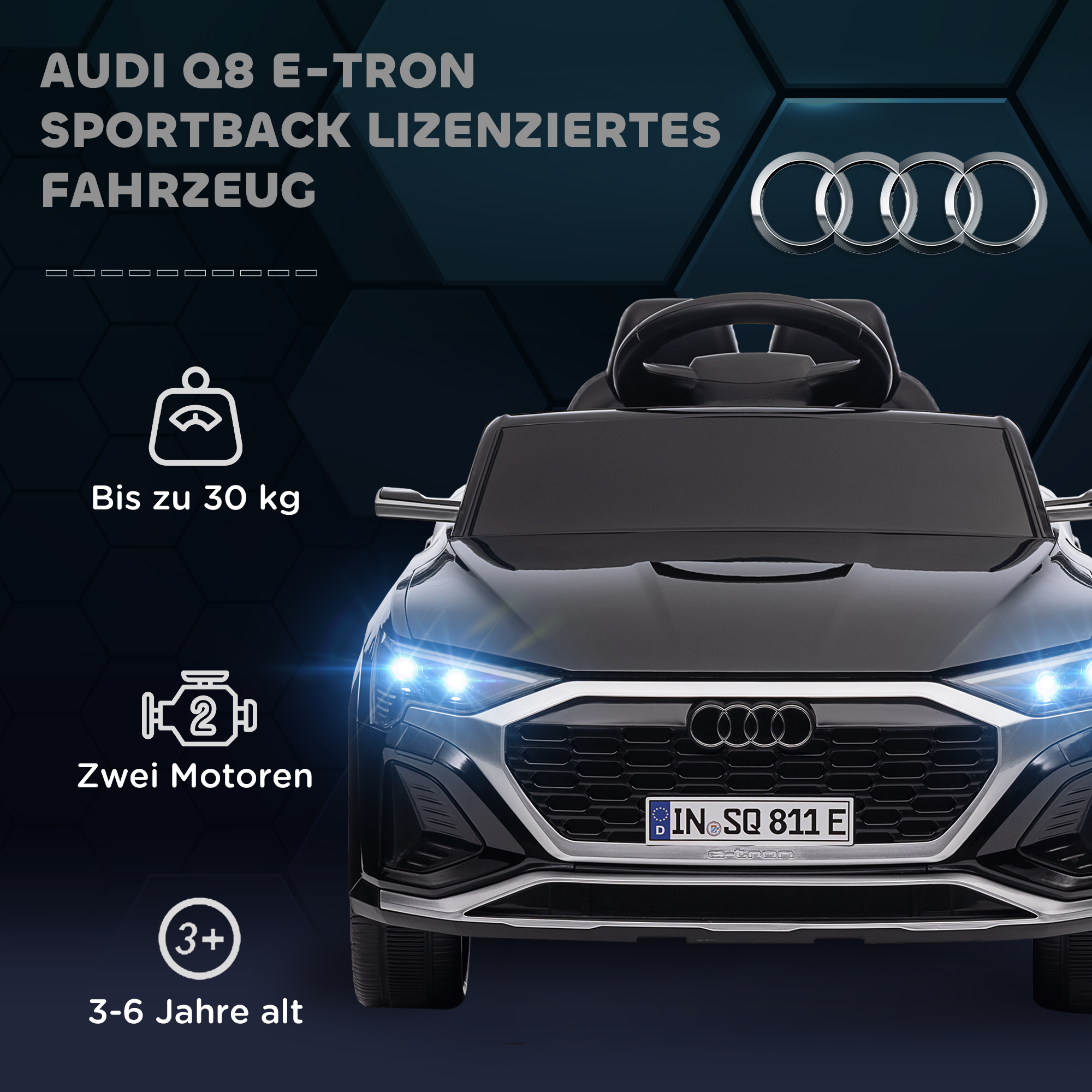 Elektro-Kinderauto, 12V Audi Q8, 3-5 km/h, Fernsteuerung, Scheinwerfer, Musik, Schwarz