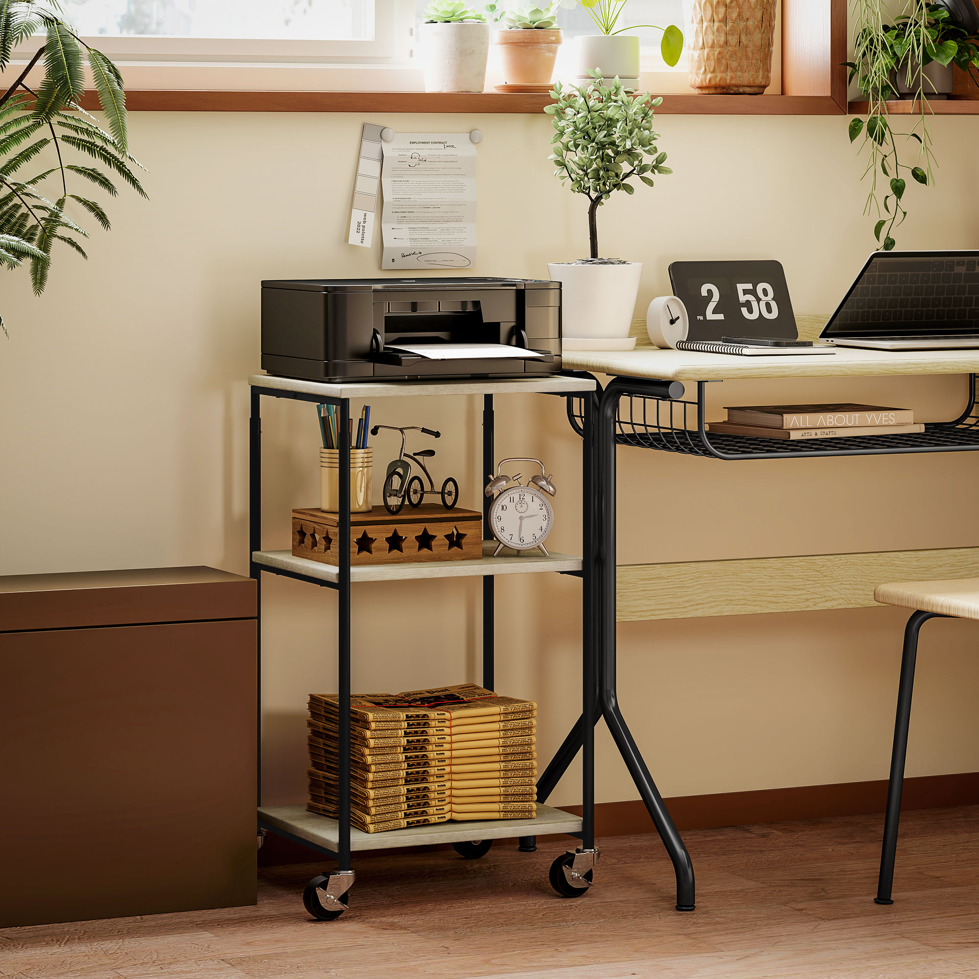 Druckerständer mit 3 Ebenen, höhenverstellbar, Mobiler Druckertisch auf Rollen, für Homeoffice, Metall und Holz