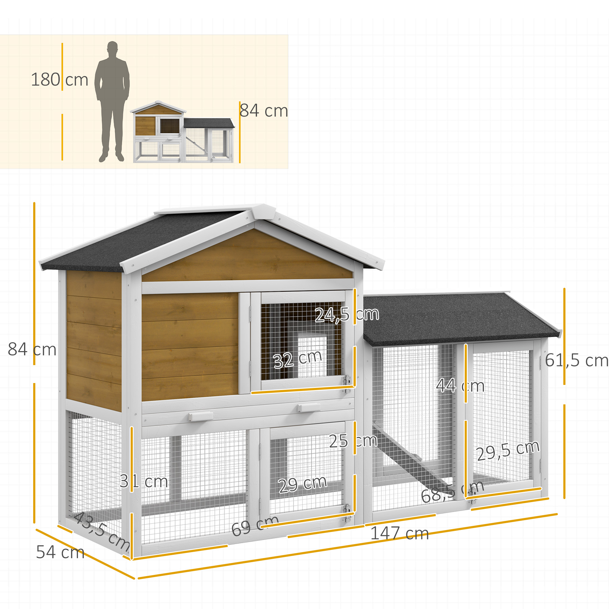 Hasenstall 2 Etagen Kaninchenstall Holz Kaninchenkäfig mit Bitumendach Freilaufgehege Rampe Türen 147x54x84 cm Gelb