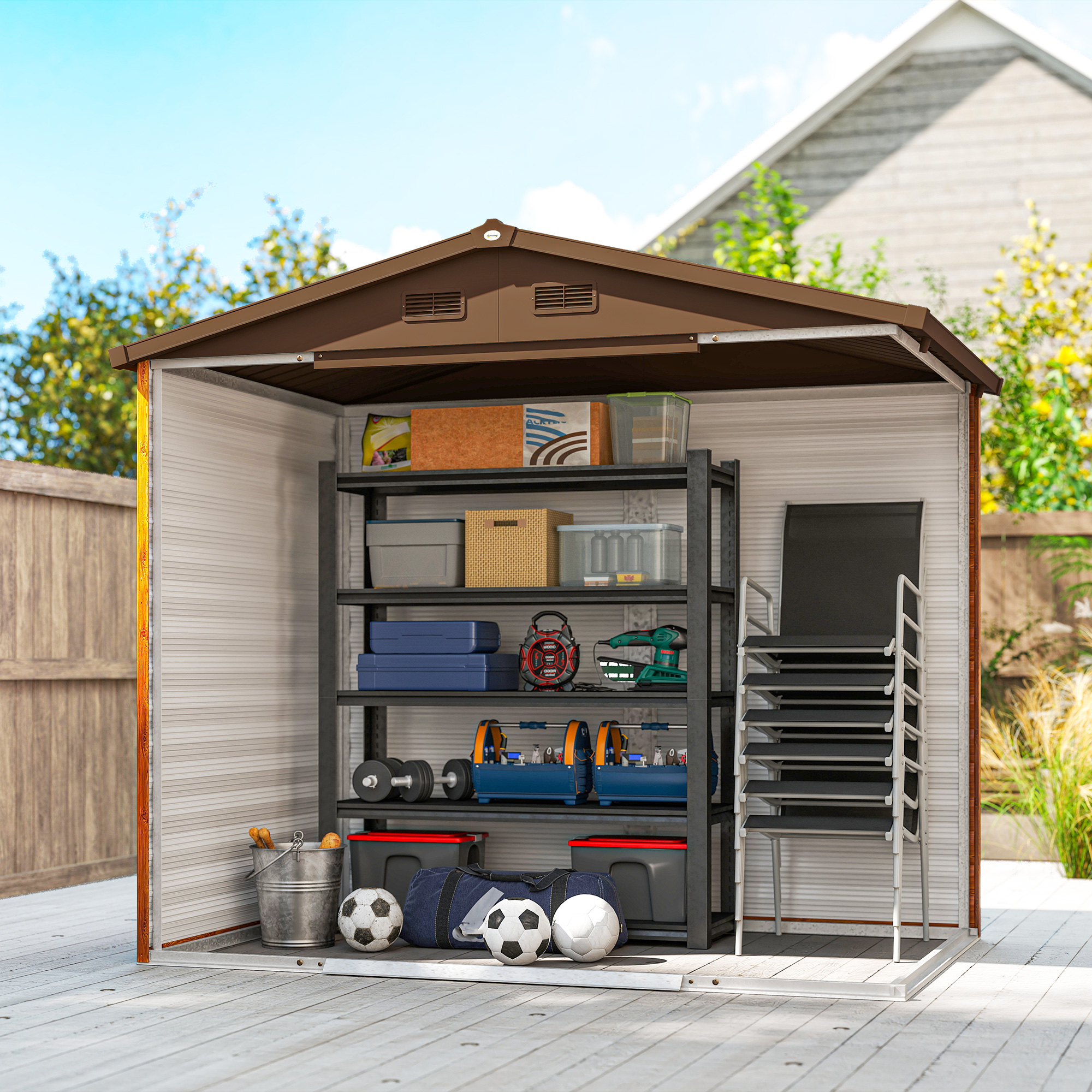 Gartenschuppen, Geräteschuppen, Gartenhaus mit Fenster, wetterfest, Holzoptik, Stahl, 152 x 235,7 x 208,7 cm, Braun