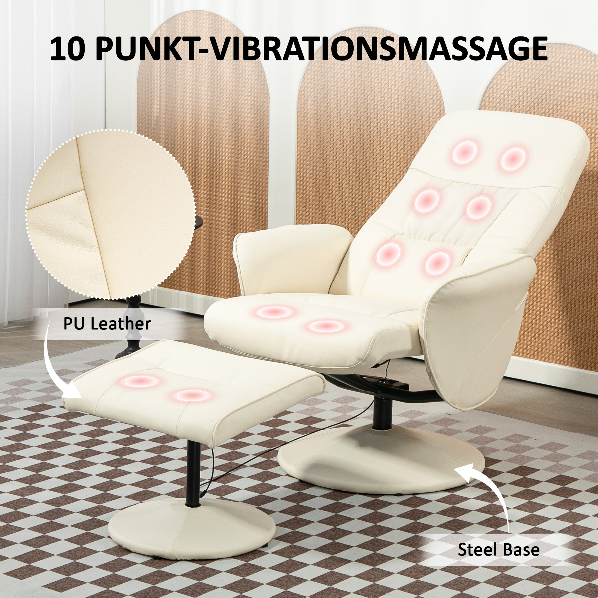 Massagesessel mit Fußhocker, Ergonomischer Stuhl mit 10 Vibrationspunkten, Kunstleder, 76 x 81 x 105 cm, Cremeweiß