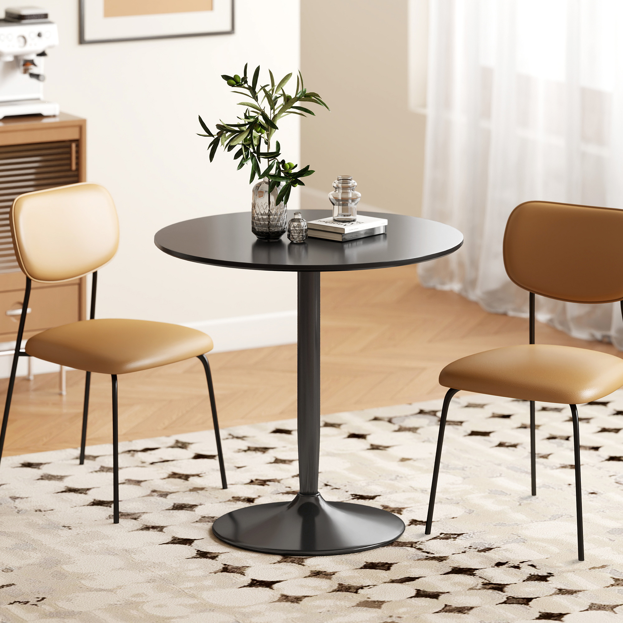 Esstisch für 2 Personen, runde Tischplatte Ø80 cm, MDF und Stahl, rutschfest, Schwarz, 75H cm