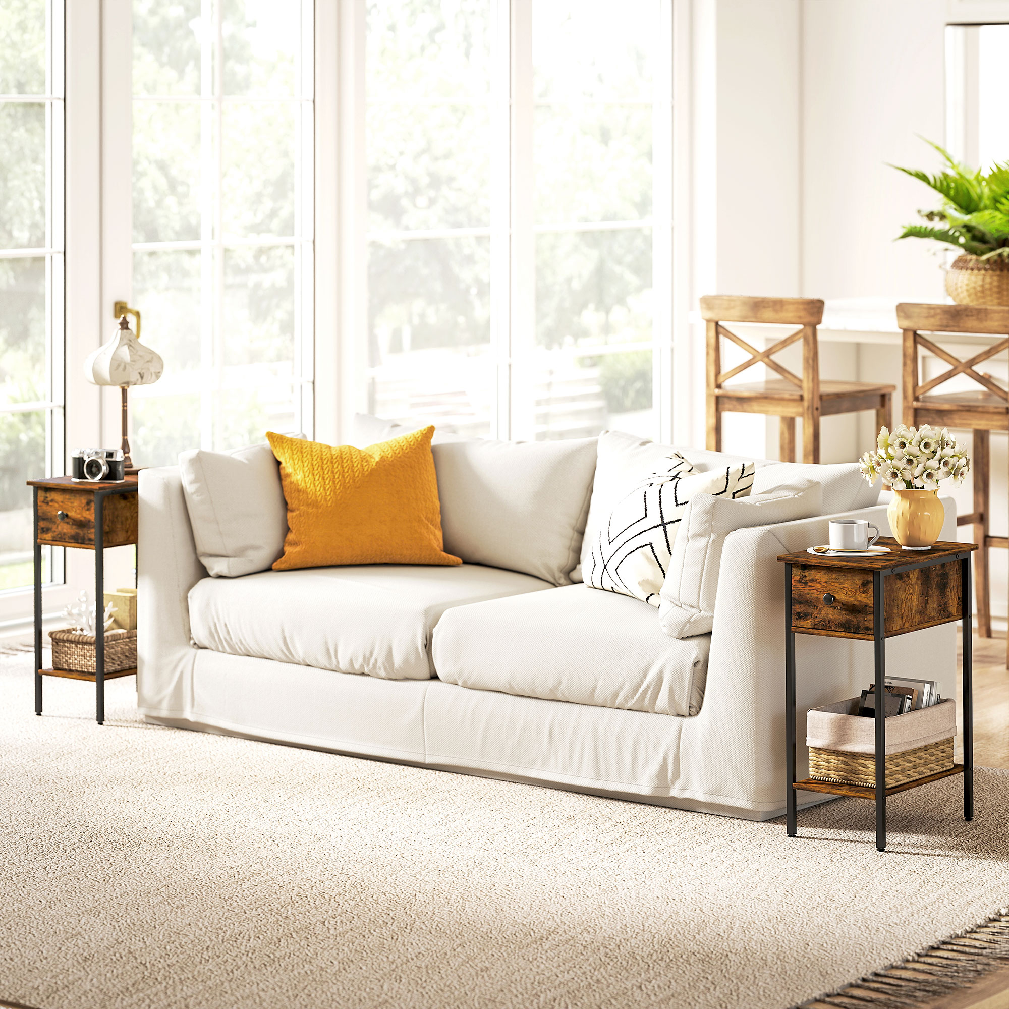 Beistelltisch mit offenem Fach und Schublade, Nachttisch, Metallbeine, Holz, Braun