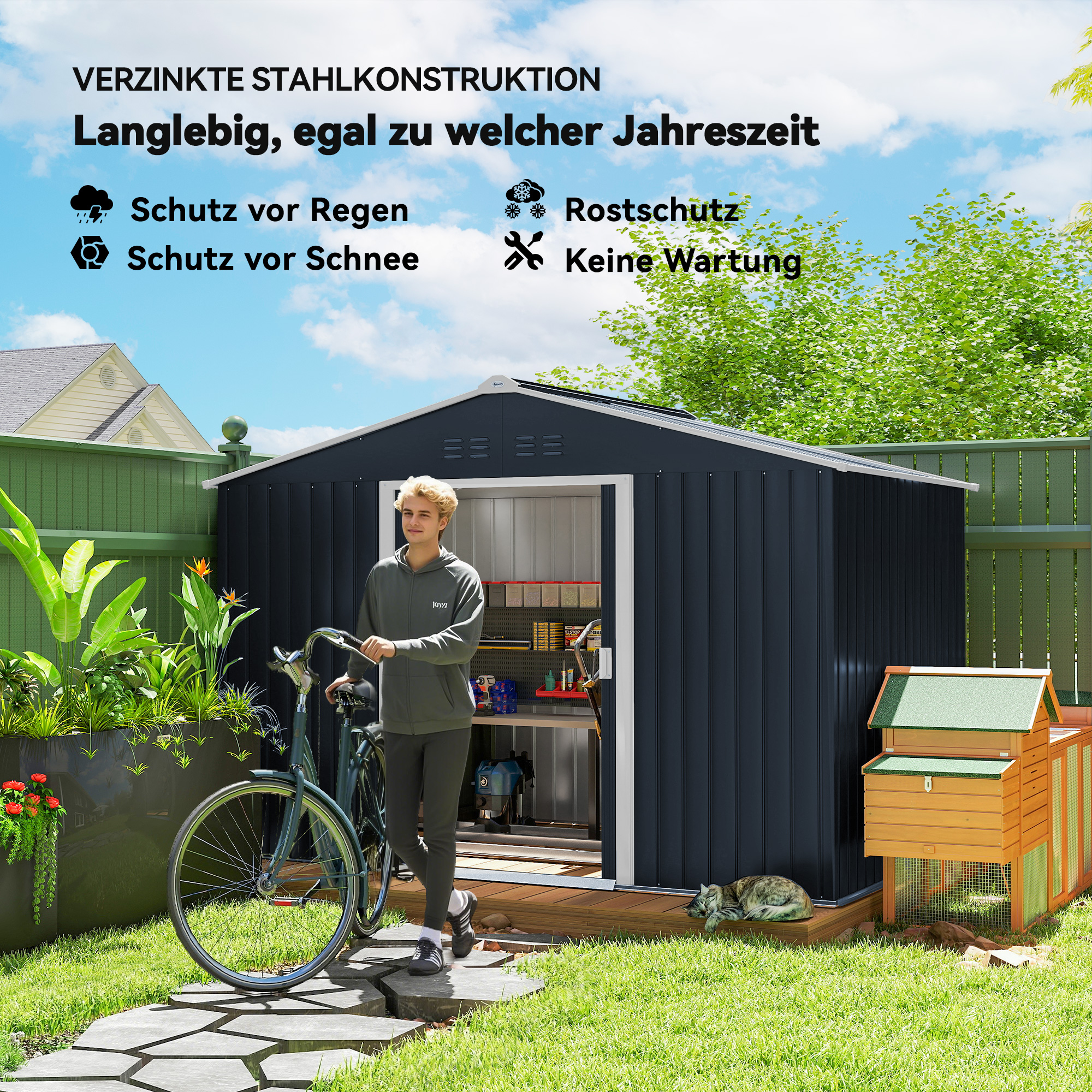 Geräteschuppen aus Metall mit Schiebetüren und Belüftungsfenstern, 277 x 195 x 192 cm, Dunkelgrau