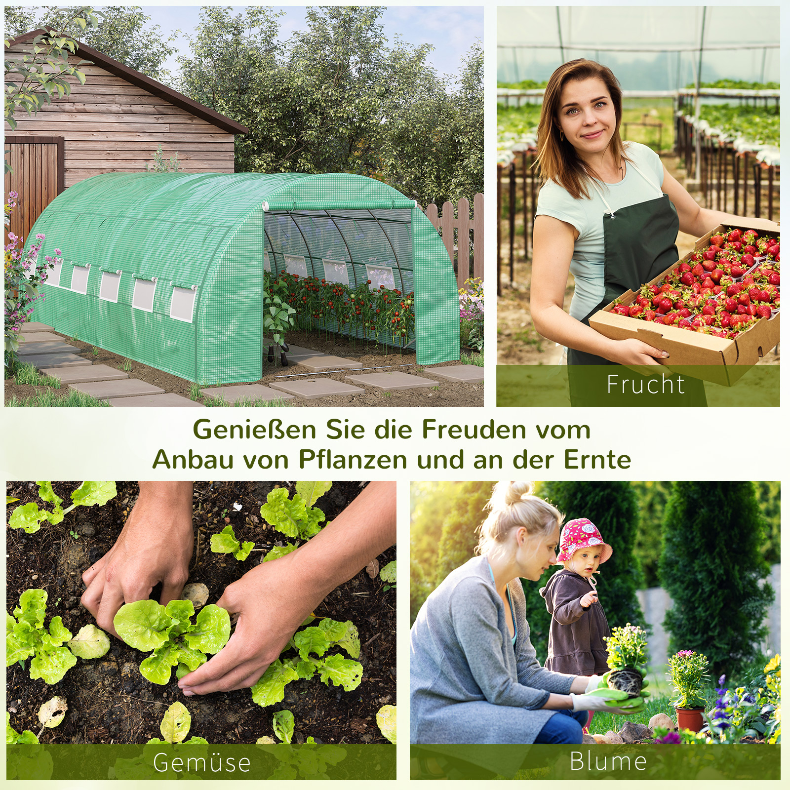 Foliengewächshaus Polytunnel 6 x 3 x 2 m begehbares Gewächshaus mit aufrollbar Abdeckungen Folientunnel Treibhaus UV-Schutz Stahlrohr Grün