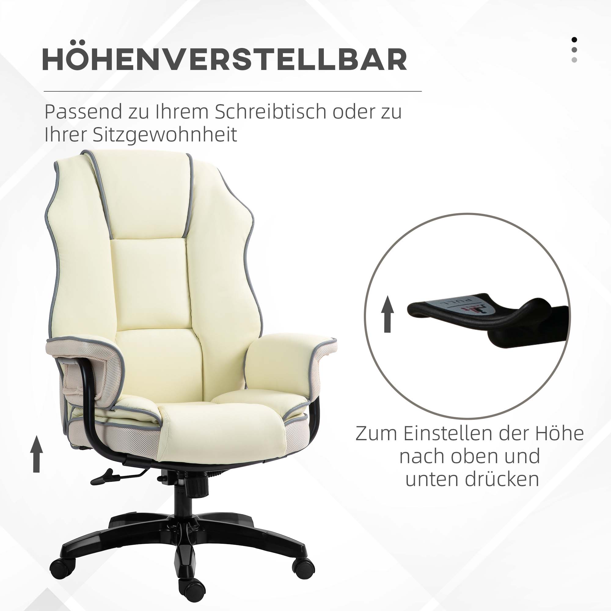 Ergonomischer Bürostuhl, extra gepolstert, Liegefunktion, Kunstleder, 76x80x118-124 cm, Creme
