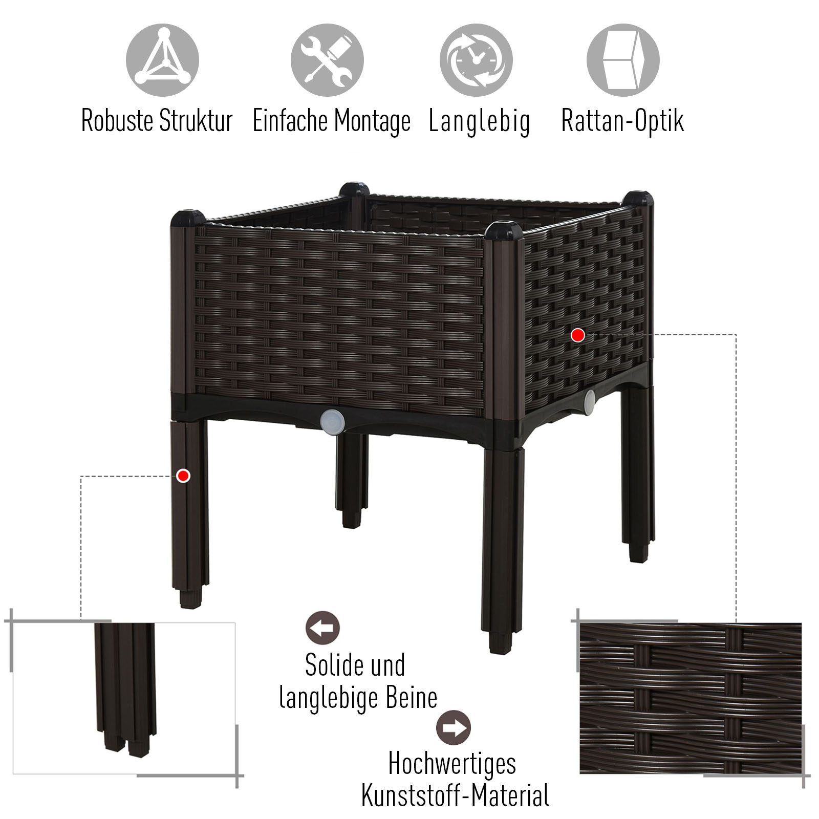 Hochbeet, Pflanzkasten mit Abflusslöchern, Blumenkasten im Rattan-Look, Kunststoff, Braun, 40 x 40 x 44 cm