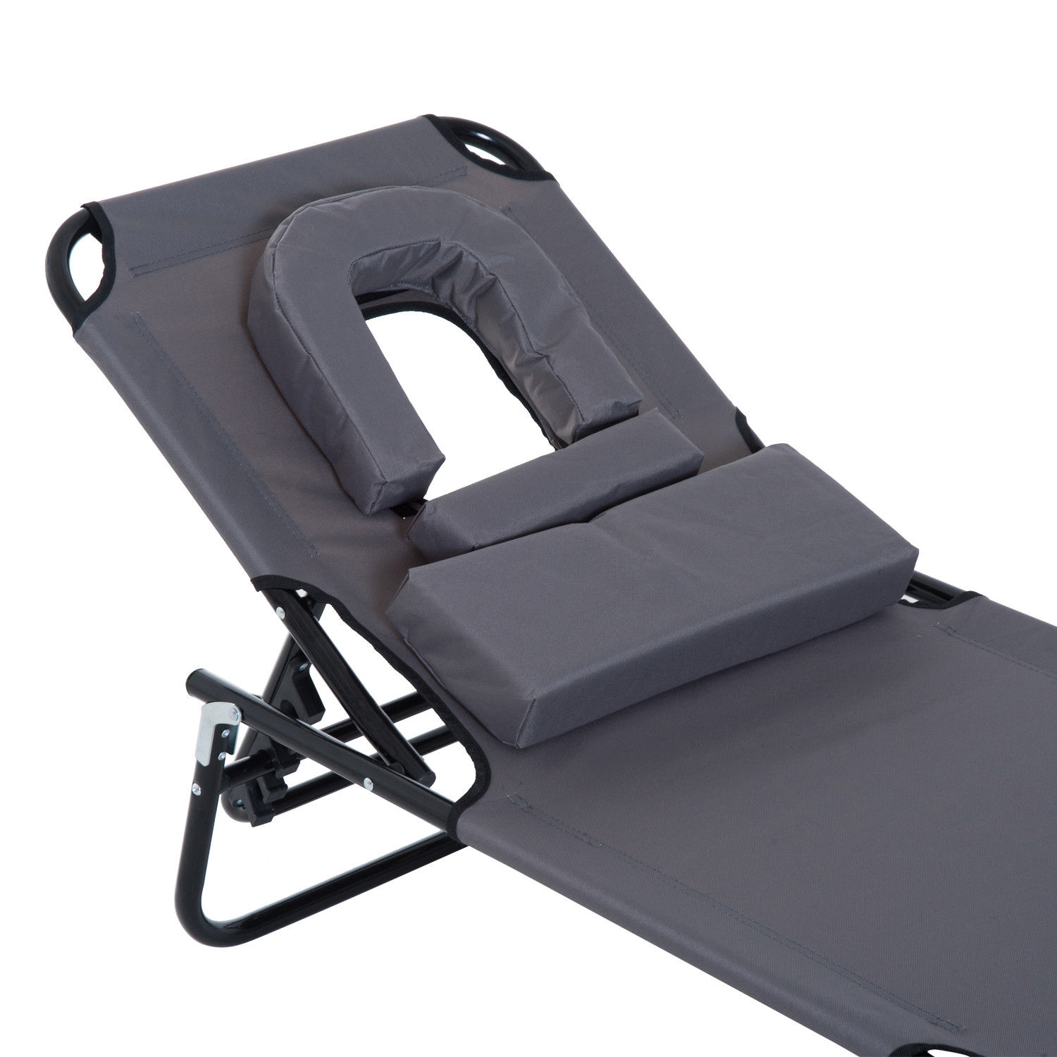 Sonnenliege klappbar Gartenliege mit Kopfkissen Liegestuhl mit 4-Fach verstellbare Rückenlehne Campingliege mit Lesefenster Gartenstuhl bis 120kg belastbar für Garten, Balkon Grau