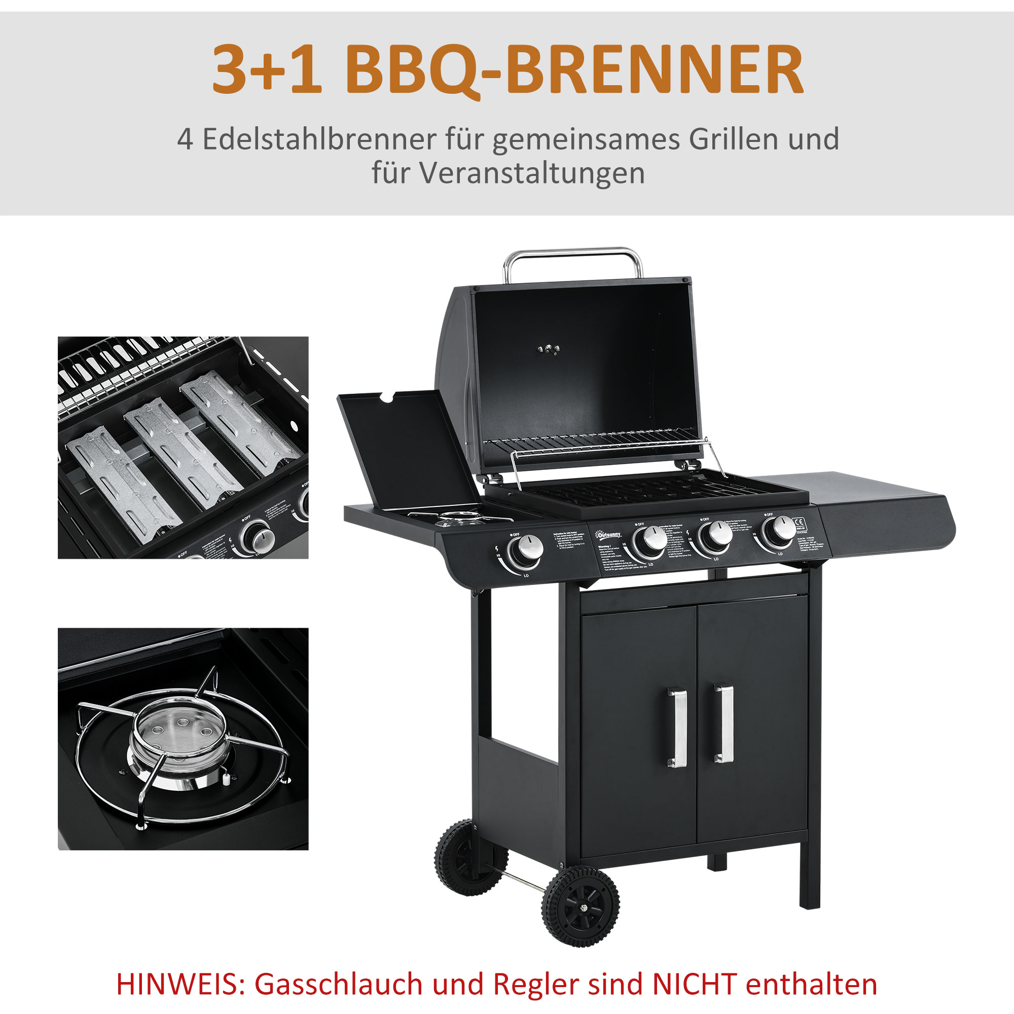 Gasgrill mit 3 Hauptbrennern + 1 Seitenbrenner, Ablage, rostfreier Stahl, schwarz, 110 x 50 x 100 cm