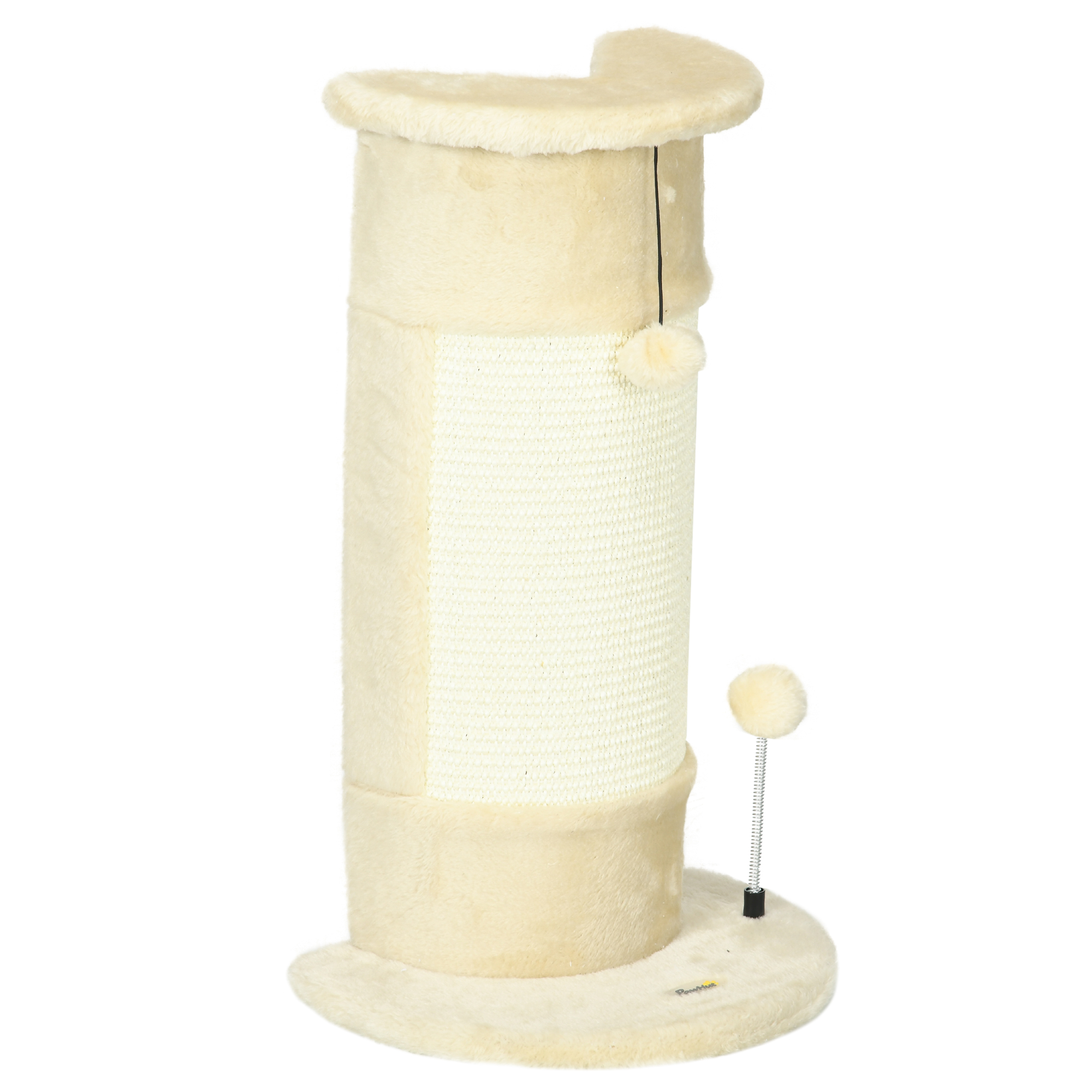 Kratzbaum mit Spielzeug, inkl. 2 Bälle. weicher Plüsch, 34 cm x 25,5 cm x 58 cm, Cremeweiß