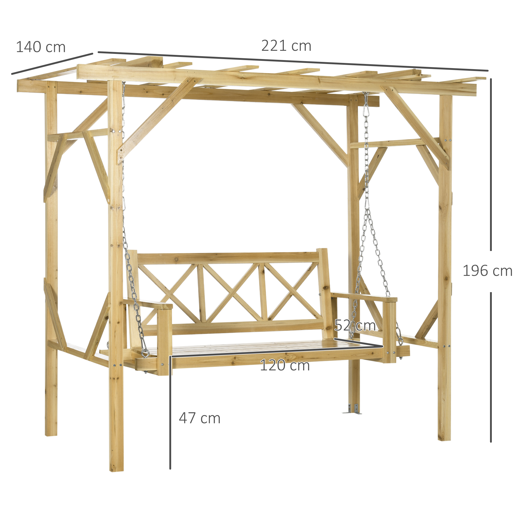 Schaukelbank mit Pergola, für 2 Personen, höhenverstellbar, Massivholzrahmen, 2,21 x 1,40 x 1,96 m