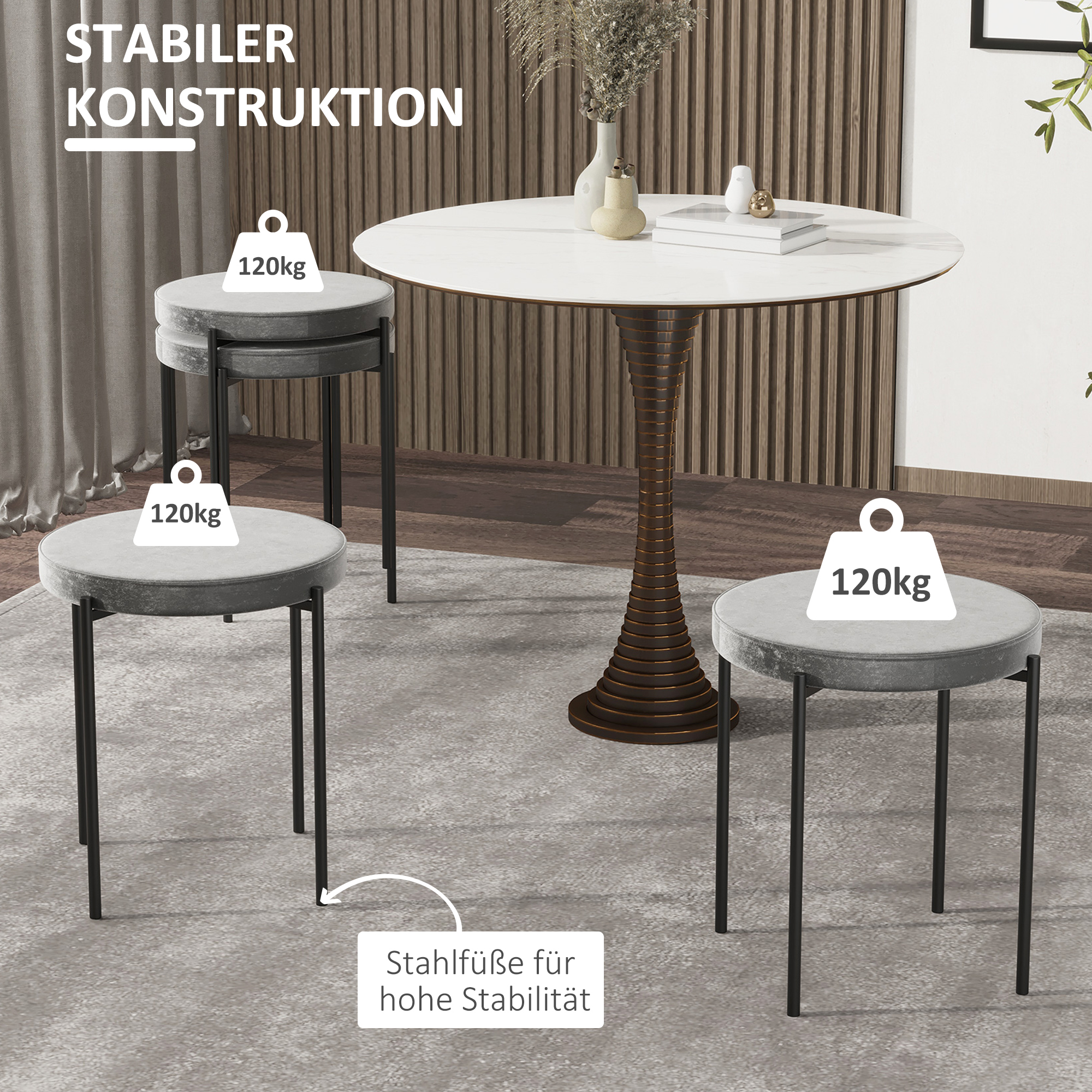 4er-Set Esszimmerhocker Stapelbar Esszimmerstühle Küchenstuhl mit gepolstertem Sitz, Samtoptik Sitzhocker Samt für Küche Esszimmer Metall Grau 41,5 x 41,5 x 46 cm