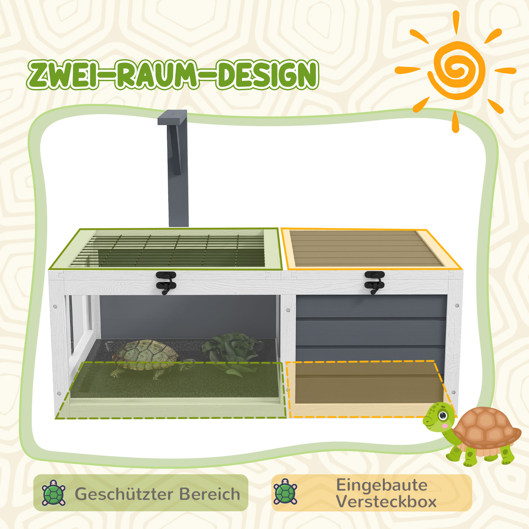 Schildkrötenhaus, Reptilienbox mit 2 Räumen, Deckel, Kunststoffschalen, Fenster, Holz, Grau