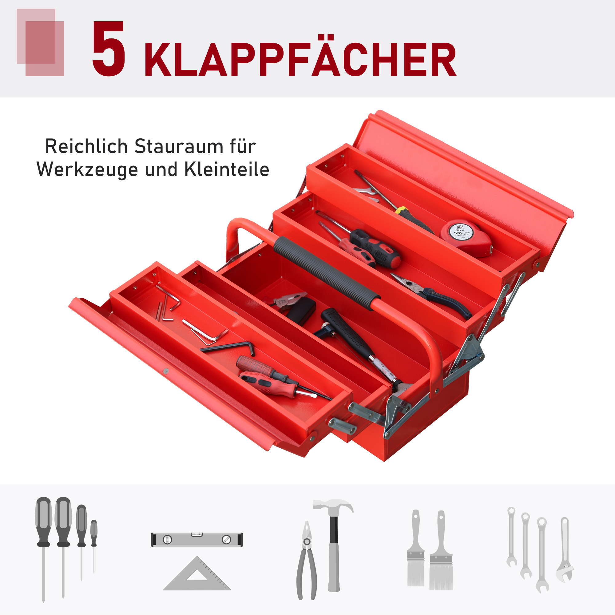 Werkzeugkasten Werkzeugkoffer mit 5 Fächern 45 x 20 x 34,5cm Stahl Rot
