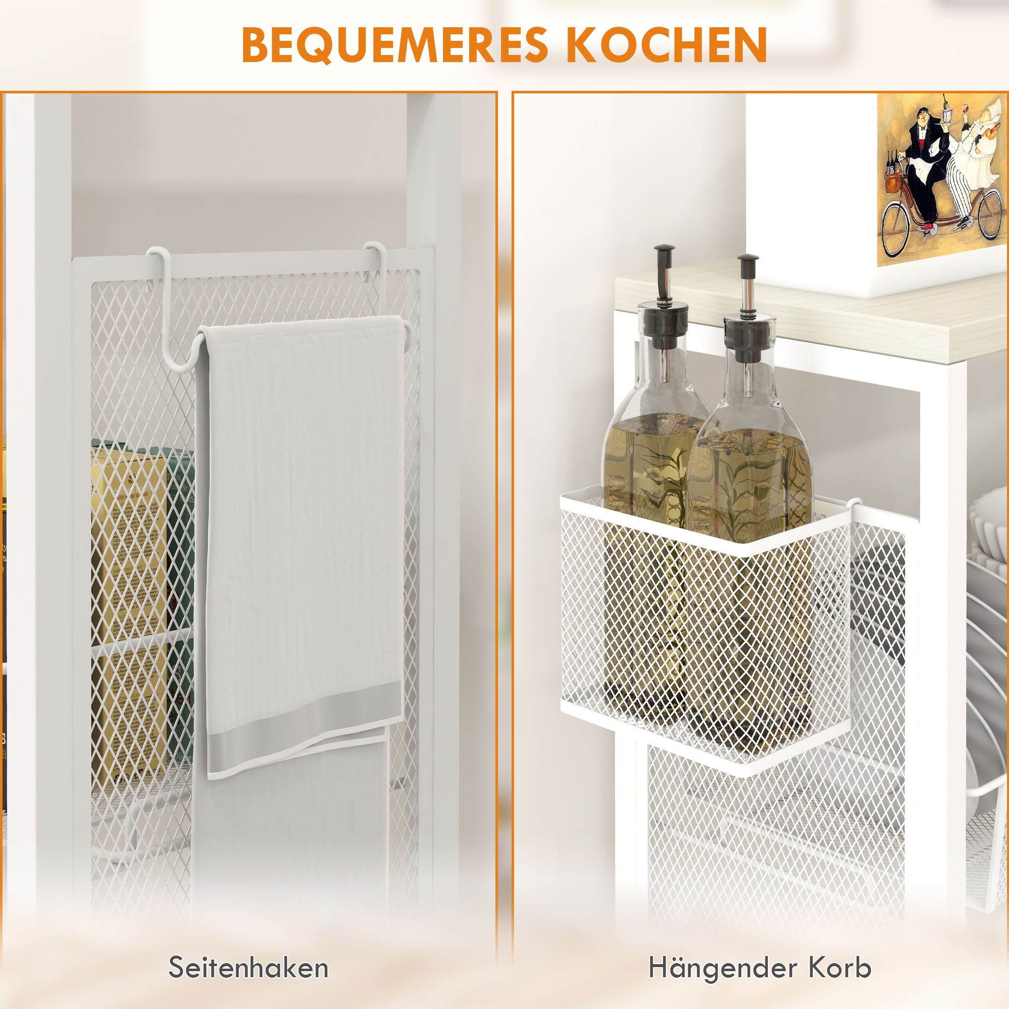 Nischenwagen Mehrzweckwagen Küchenwagen, 3 Regale, Haken, 58 cm x 18,5 cm x 87 cm, Weiß