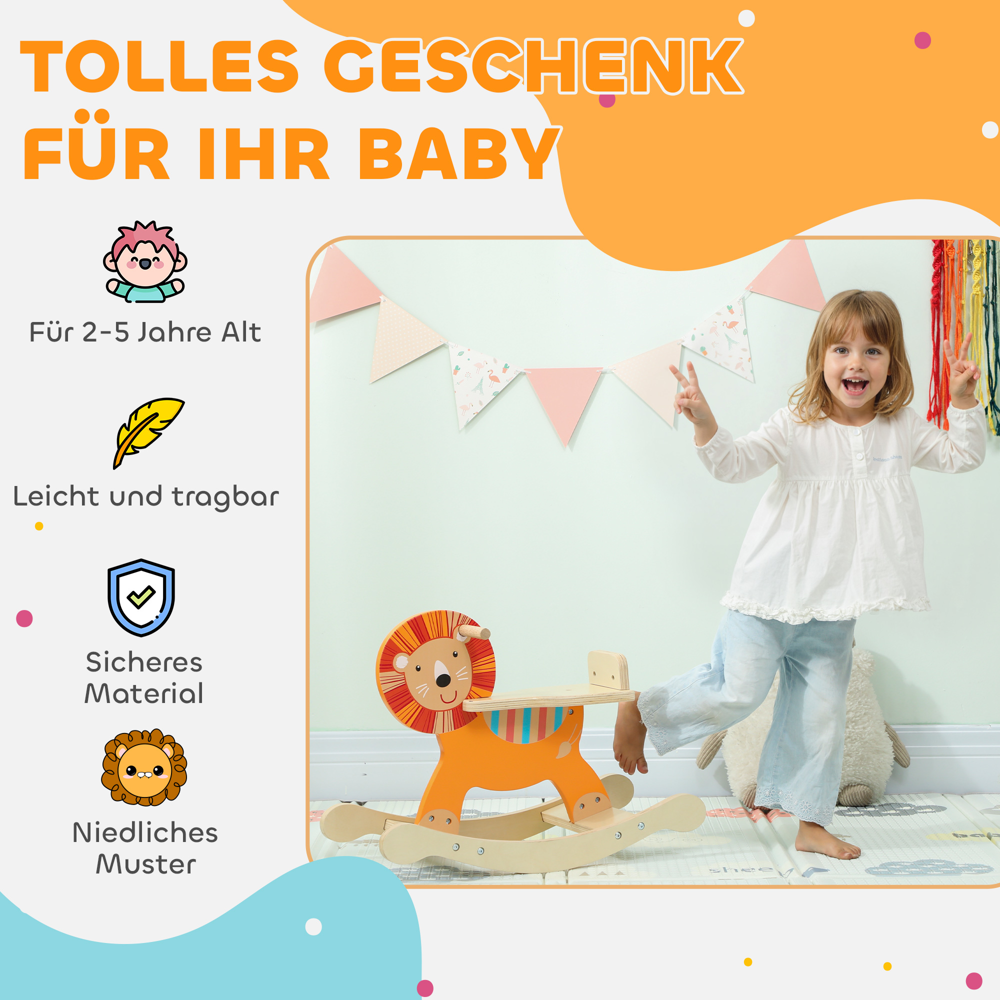 Schaukelpferd mit Löwen-Design, 25 kg Belastbarkeit, 2-5 Jahre, Holz, Orange
