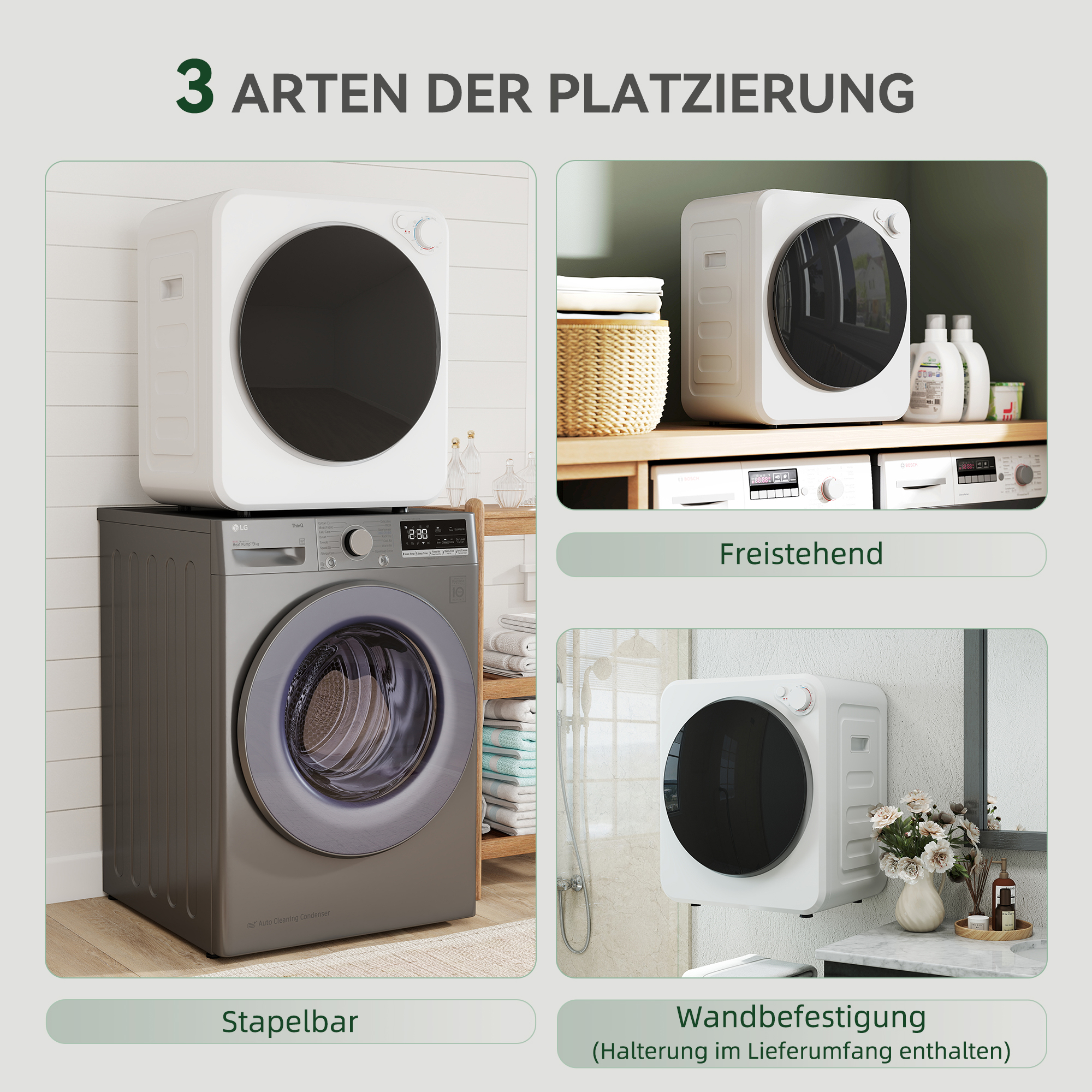 Mini Wäschetrockner 4 kg mit 5 Programme bis zu 60? 800W/400W Ablufttrockner mit reversibl Edelstahltrommel Weiß