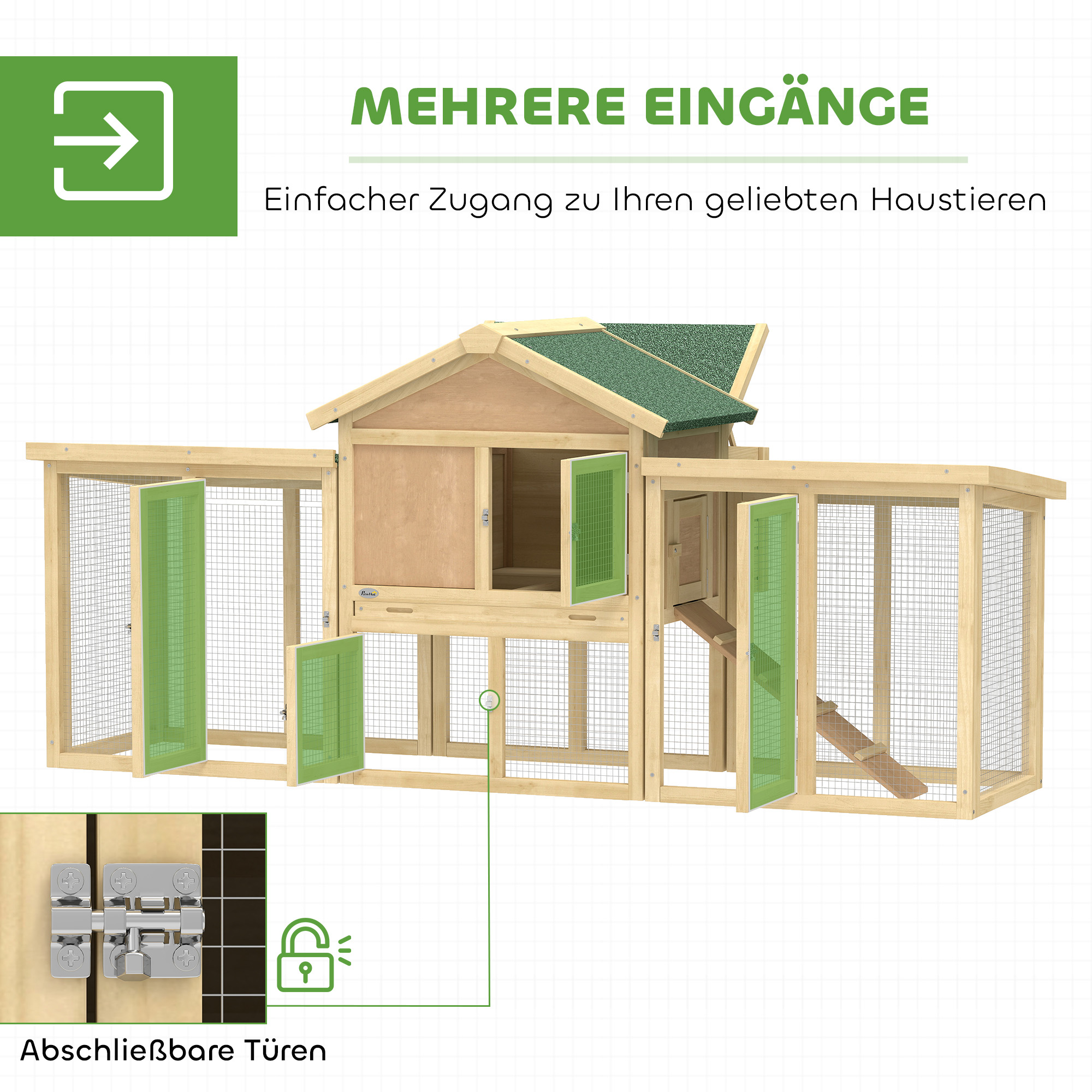Hühnerstall Hühnerhaus aus Holz mit Nistkasten, wasserdichtem Dach, Sitzstange, Auslauf, Rampe, 204x85x93 cm Naturholz