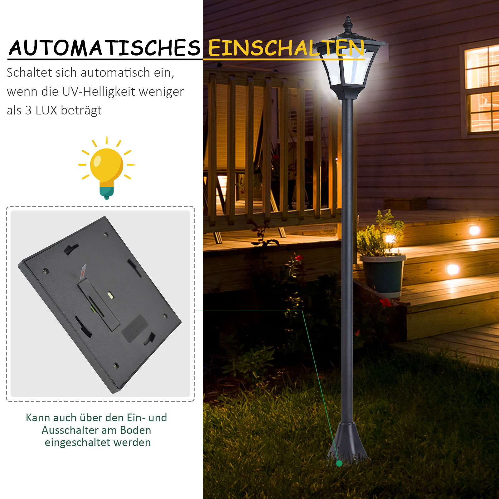 LED Solar Gartenlaterne, Stehleuchte aus Edelstahl Gartenlampe 120 cm hoch Windlicht Außenleuchte IP44, Solarlampe mit Lichtsensor 30 Lumen Erdspieß, Gartenlampe für Garten Balkon Schwarz