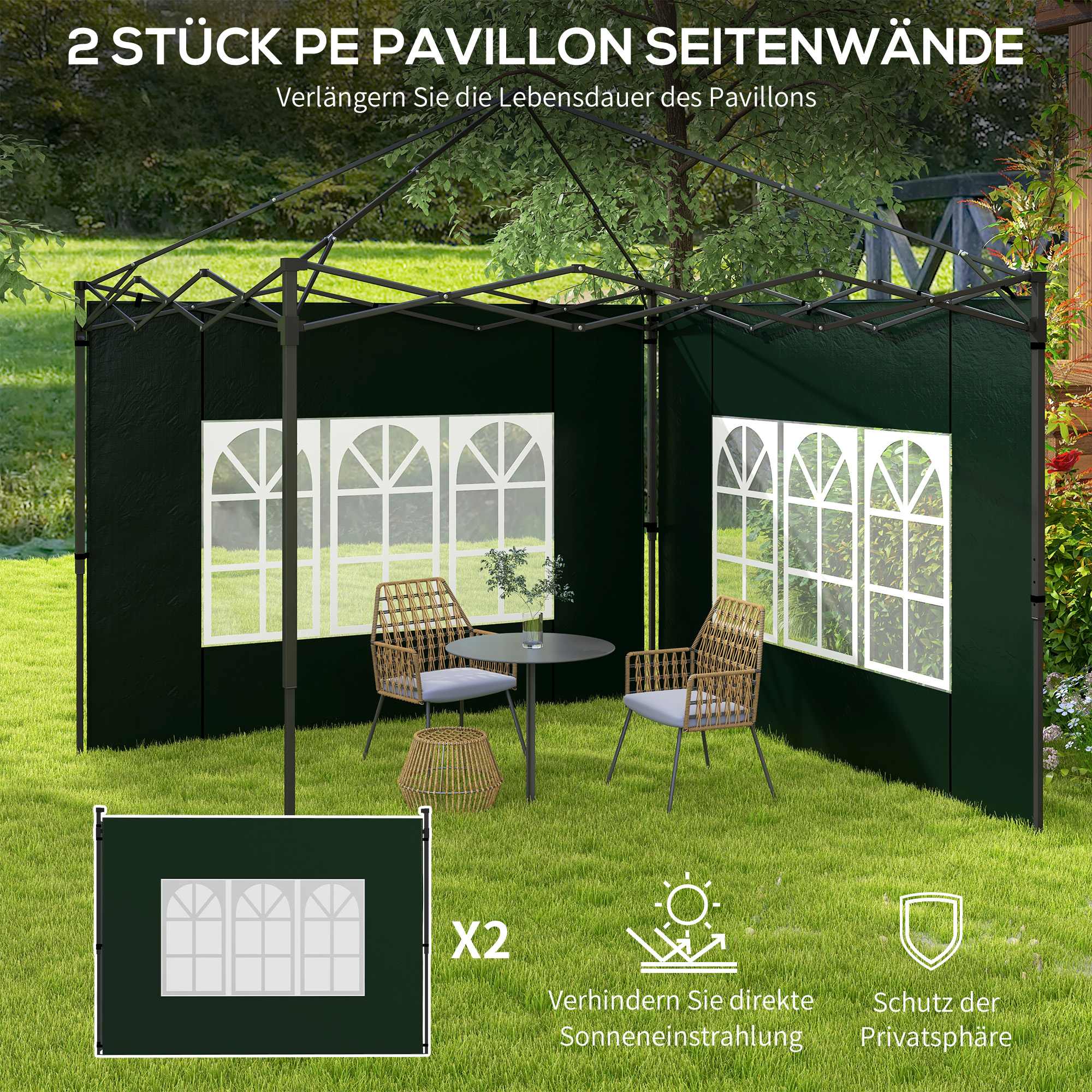 2er Set Seitenwände für Pavillon 3x3 3x6 Wasserdicht Seitenteile mit Fenster Dunkelgrün