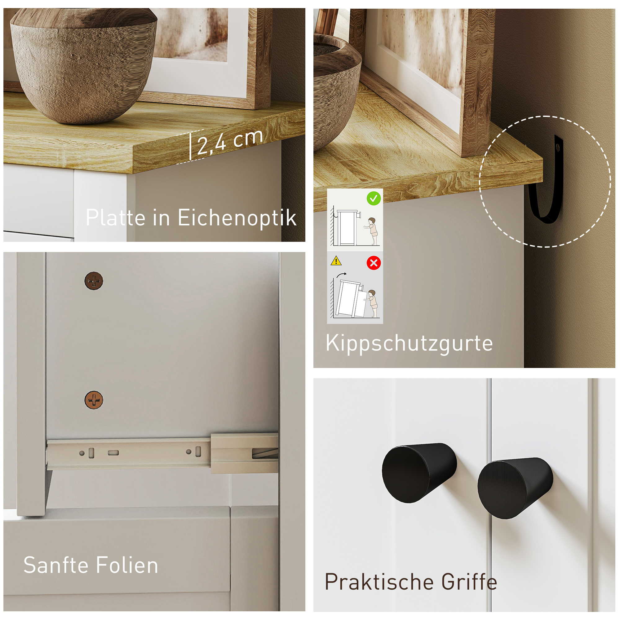 Kommode mit viel Stauraum, Sideboard mit Soft-Close-Türen, 2 Schubladen, verstellbares Regal, Weiß