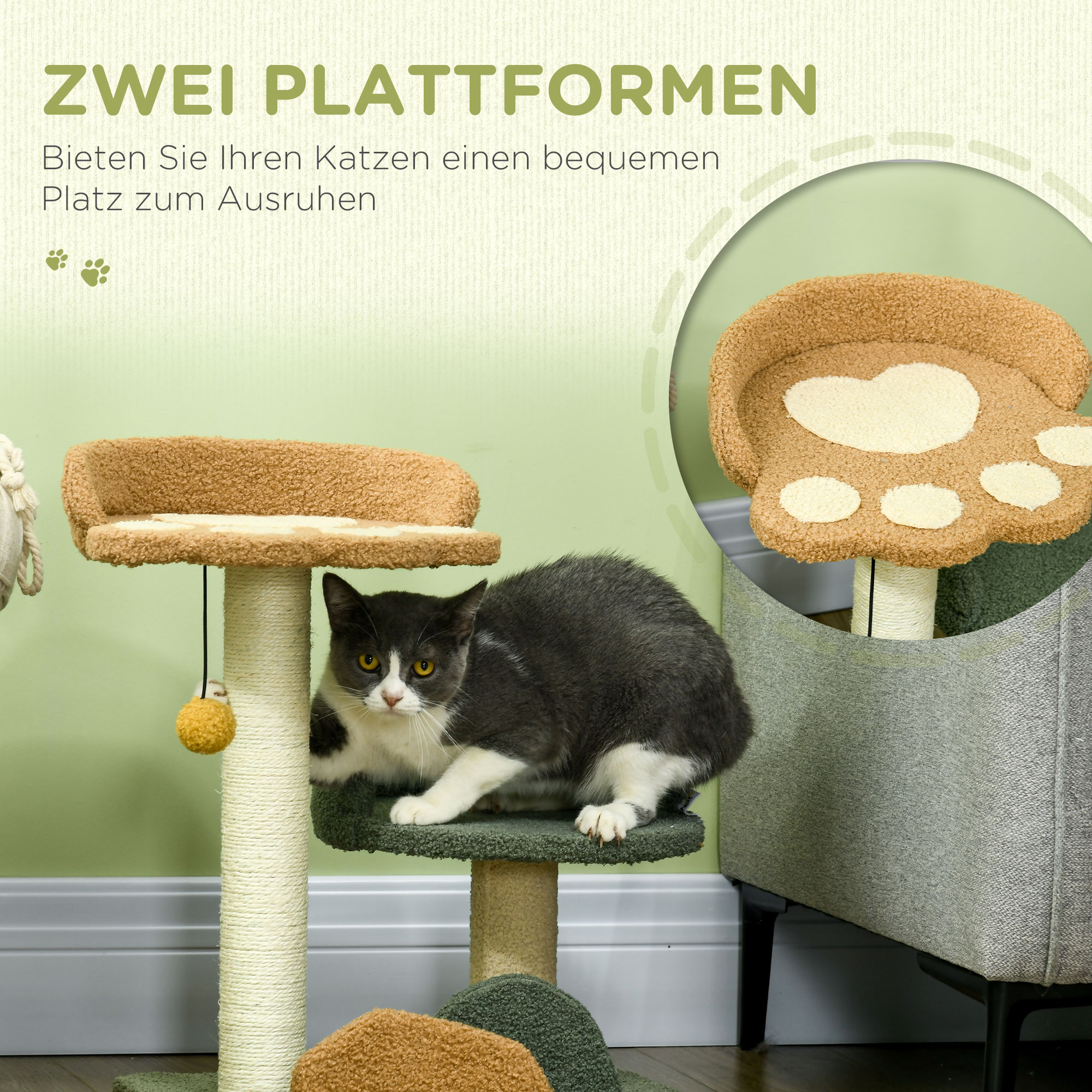 Kleiner Kratzbaum mit 2 Liegeflächen, inkl. Spielzeug, für kleine Katzen, Grün Beige+ Braun
