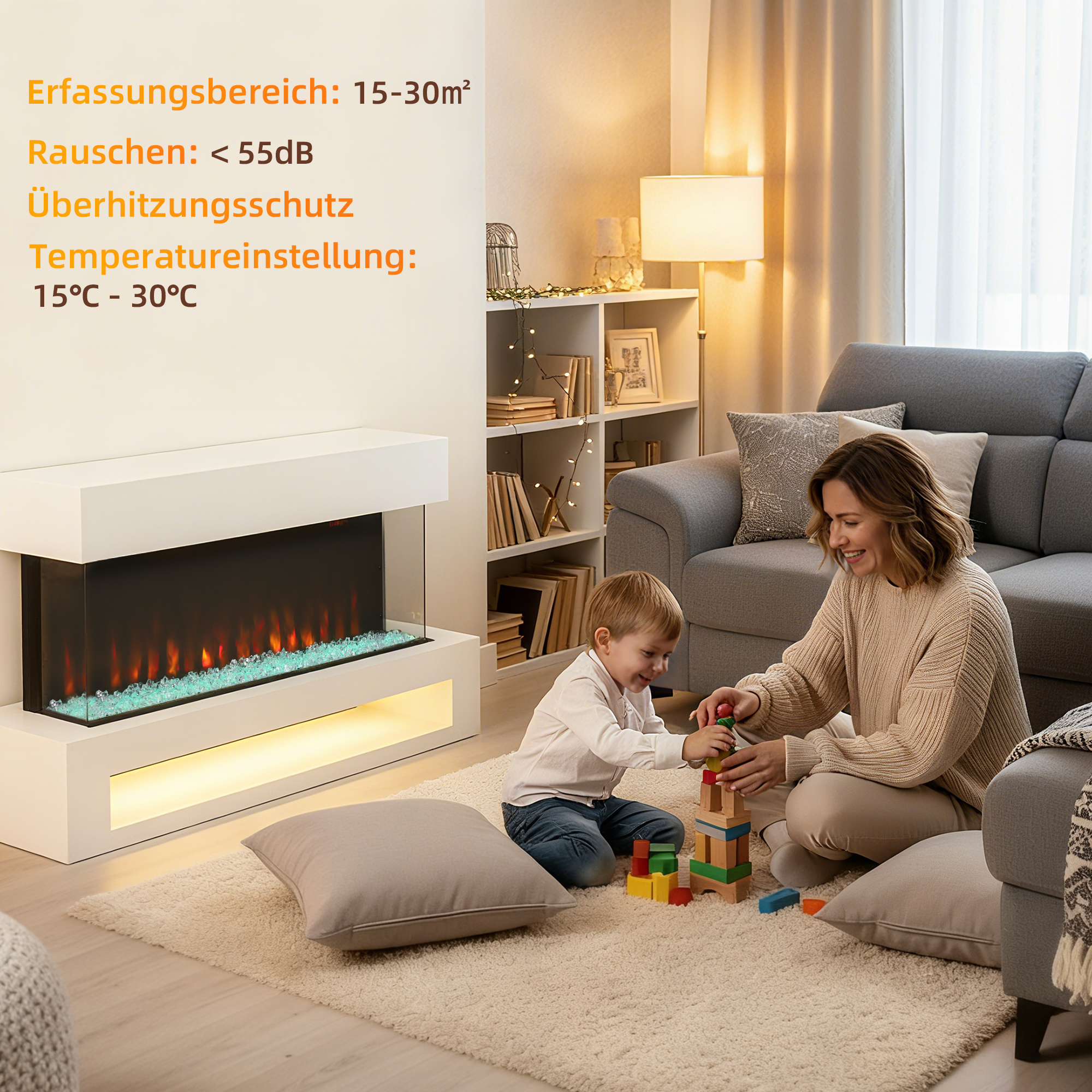 Elektro-Kamin mit 11 Flammenfarben, 10 Kristallbett-Farben, 1000W/2000W, Fernbedienung, vielseitig einsetzbar, Weiß