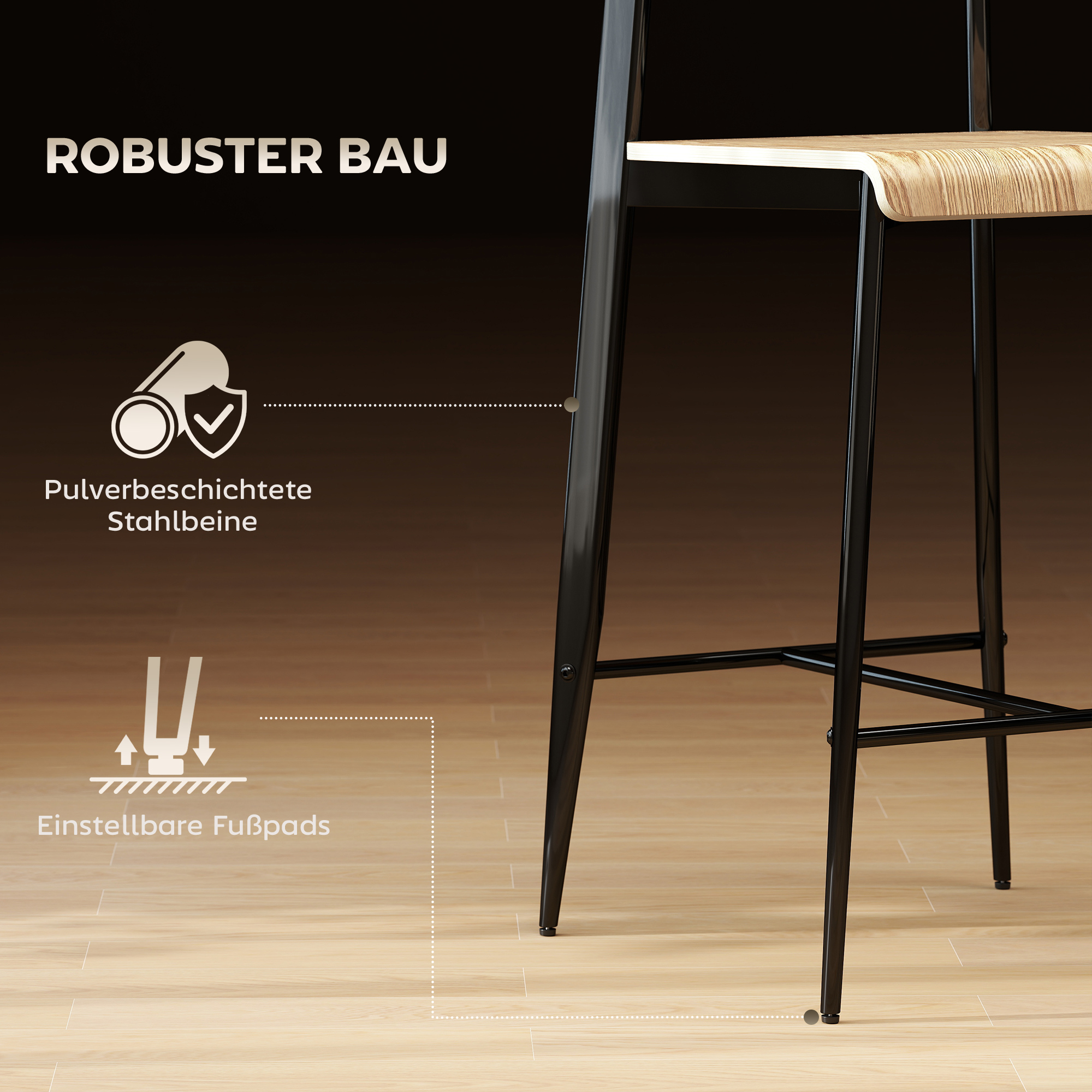 2er-Set Barhocker, Barstühle mit Rückenlehne und Metallgestell, Holz, Hellbraun