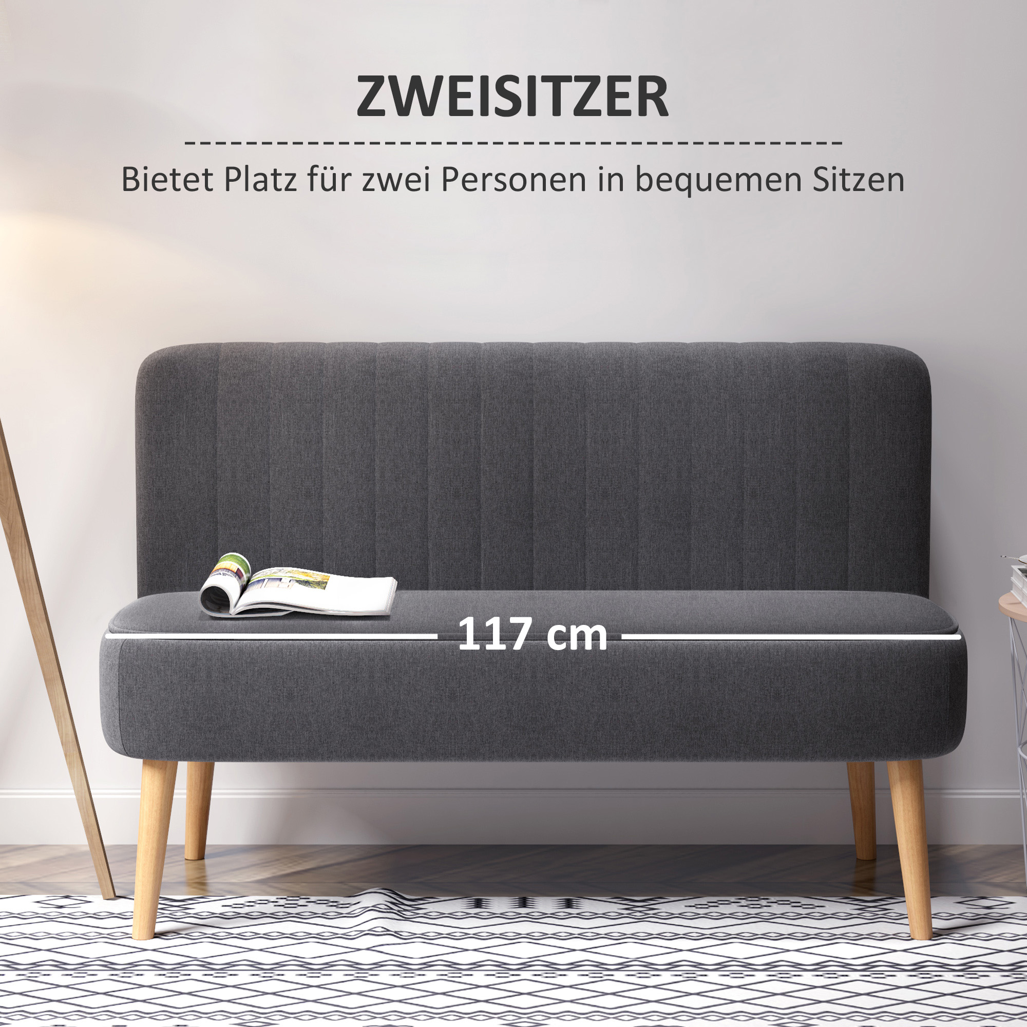 2-Sitzer Sofa, weiche Polsterung, pflegeleichter Bezug, bis 150 kg, 117 x 56,5 x 77 cm, Dunkelgrau