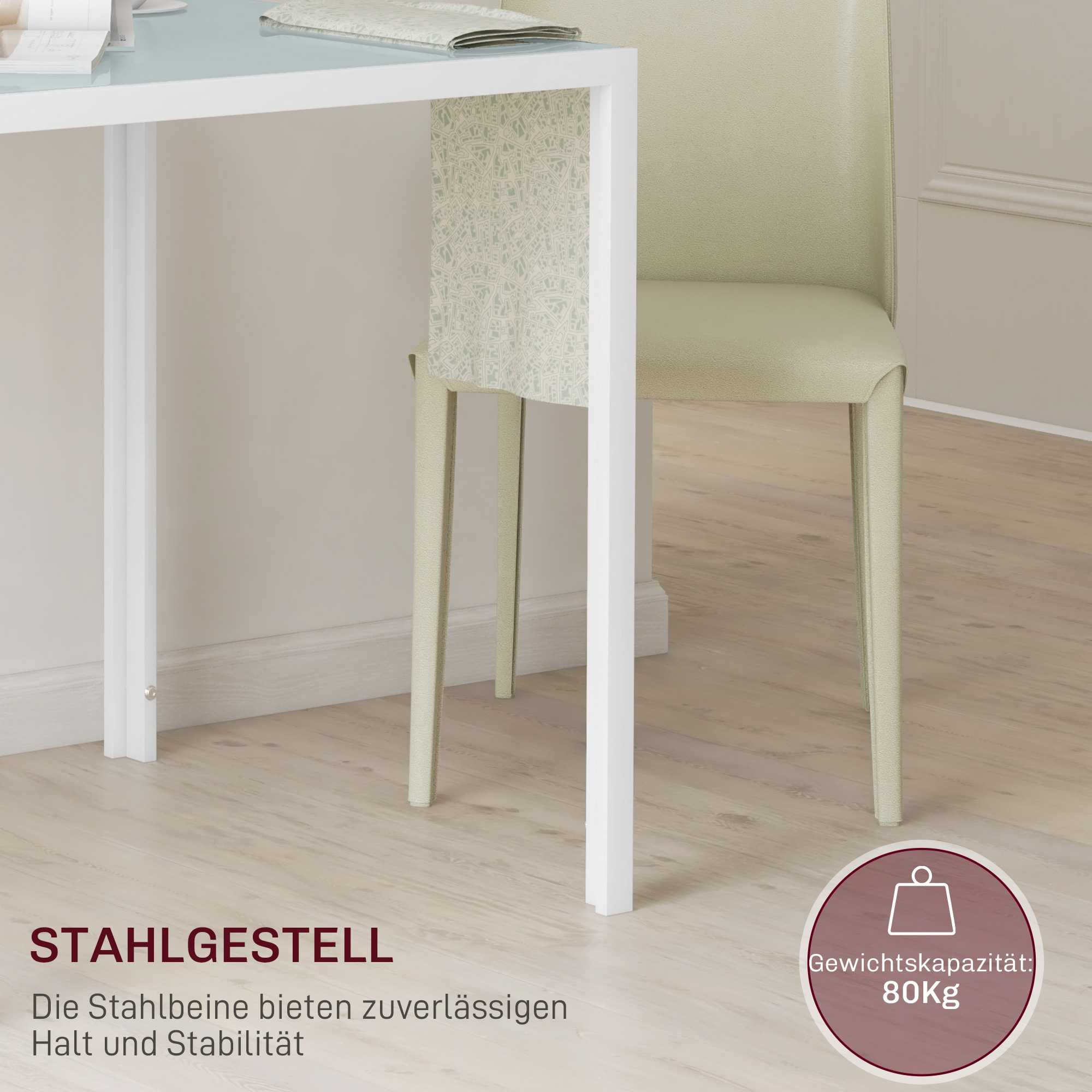 Quadratischer Esstisch für 4 Personen, Tischplatte aus Hartglas, für Küche und Esszimmer, 75 x 75 x 75 cm, Weiß