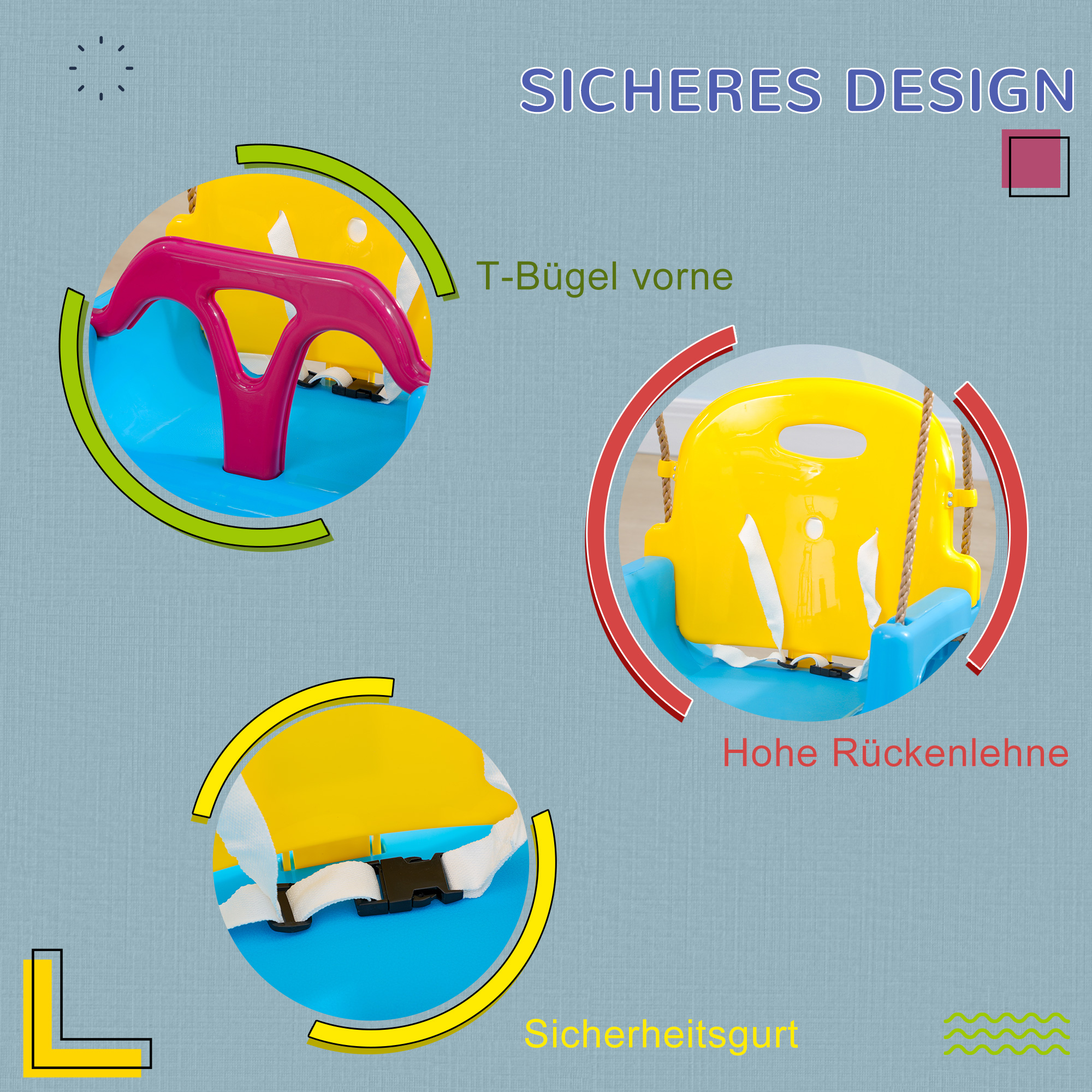 3-in-1 Kinderschaukel, höhenverstellbar, abnehmbare Rücklehne, für In- und Outdoor, blau+gelb, 42 x 33 x 180 cm