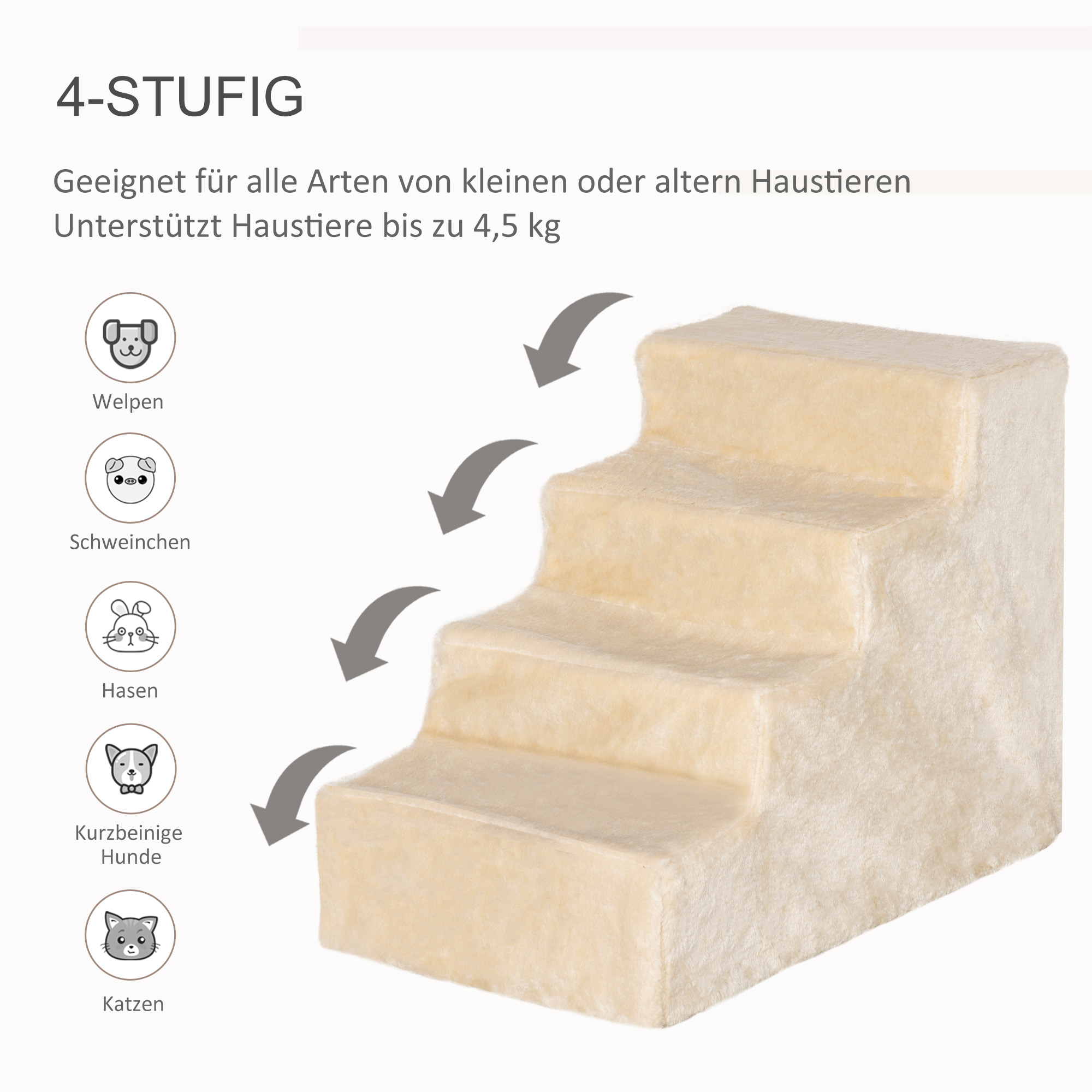 Hundetreppe 4-stufig, 35 cm Katzentreppe für Bett und Sofa, Haustiertreppe für Hunde und Katzen bis 5 kg, Plüschoptik, Beige