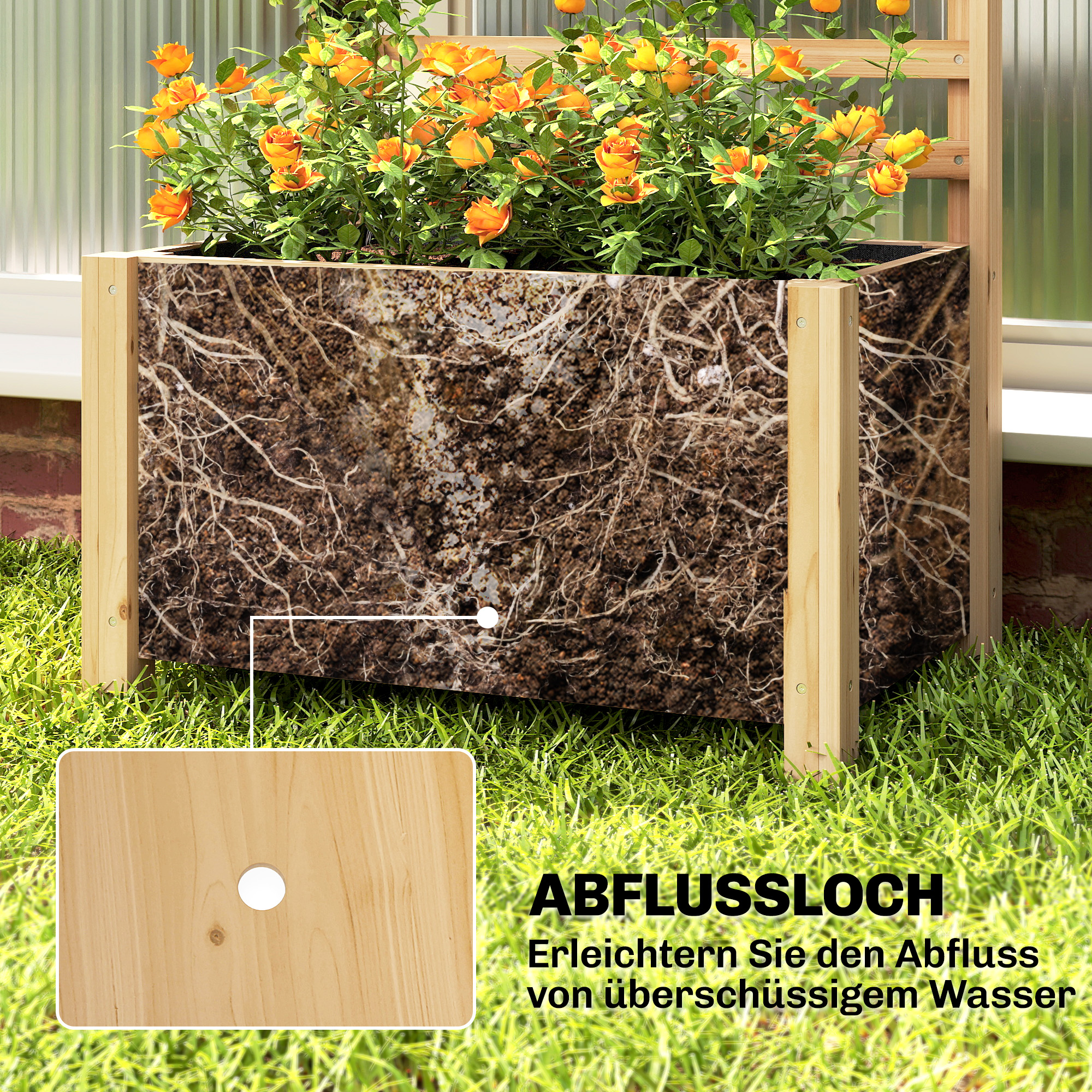Hochbeet mit Rankgitter Holz erhöhter Blumenkasten mit Spalier Abflussloch Vliesstoff 60 x 39 x 200 cm Naturholz