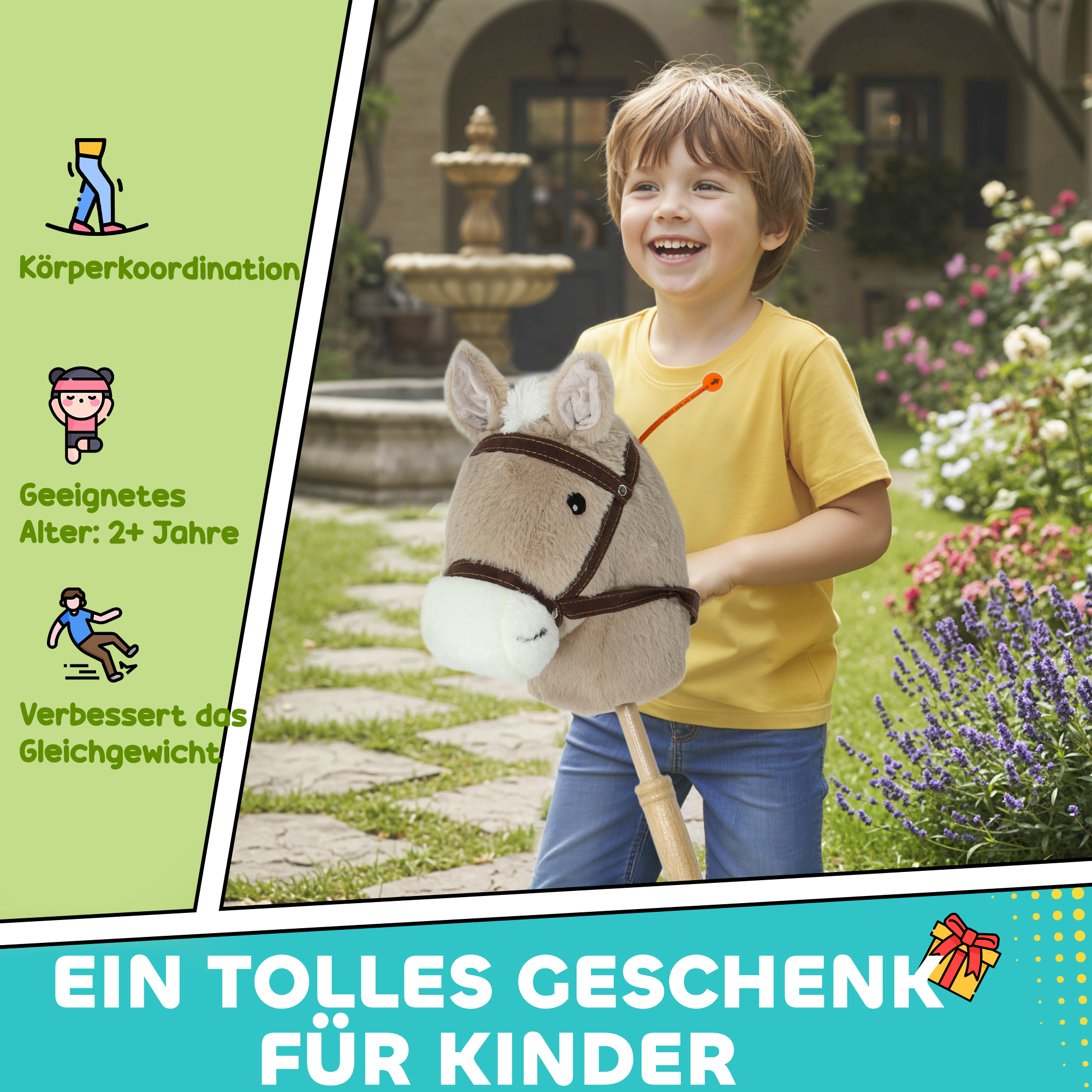 Steckenpferd Kinder Steckenpferde mit Sound, Rolle, Stockpferd zum Reiten für Kinder 24+ Monate, Grau