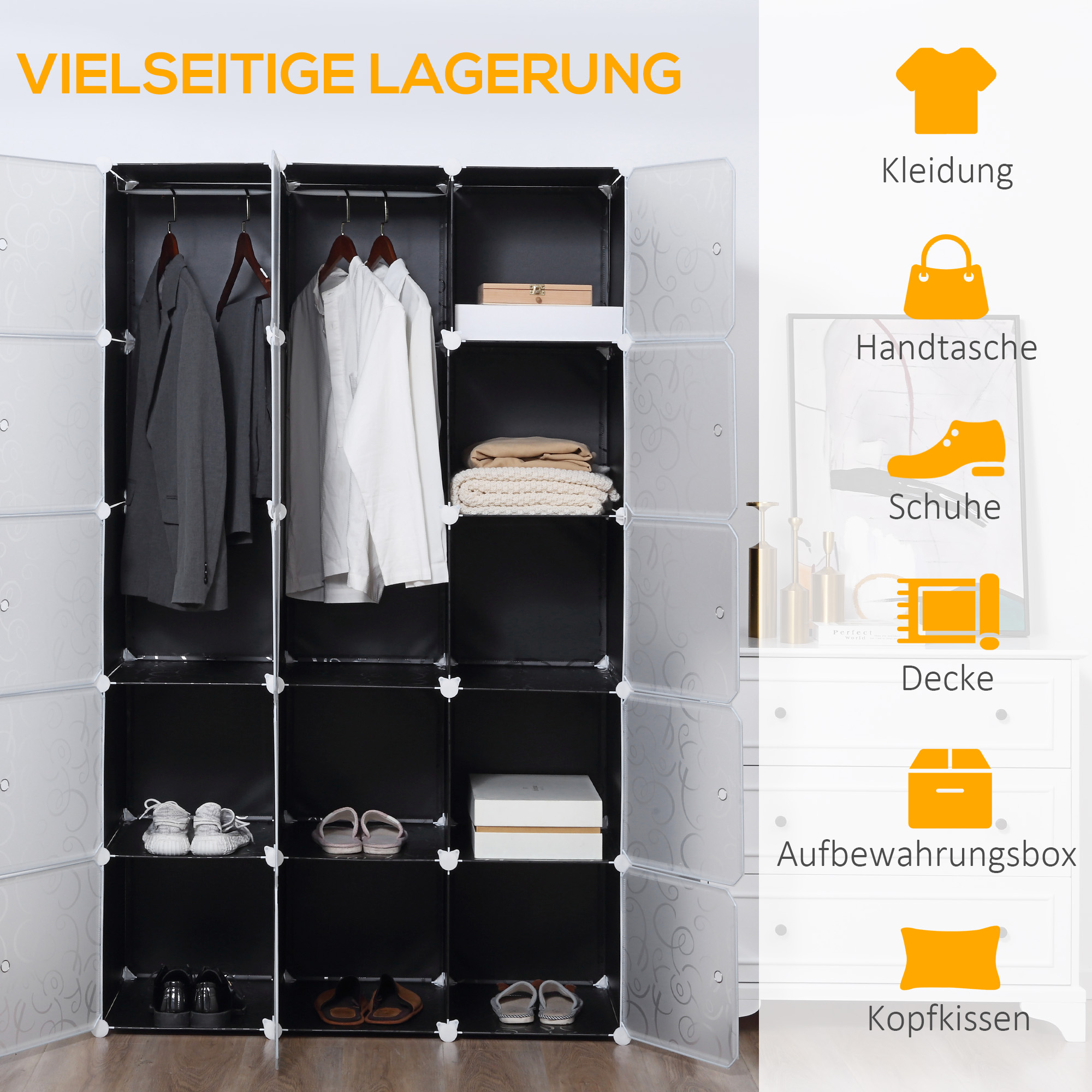 Kleiderschrank im Würfeldesign, 2 große und 9 kleine Würfel, Kunststoff, Metall, 111L x 47B x 183H cm, Schwarz+Weiß