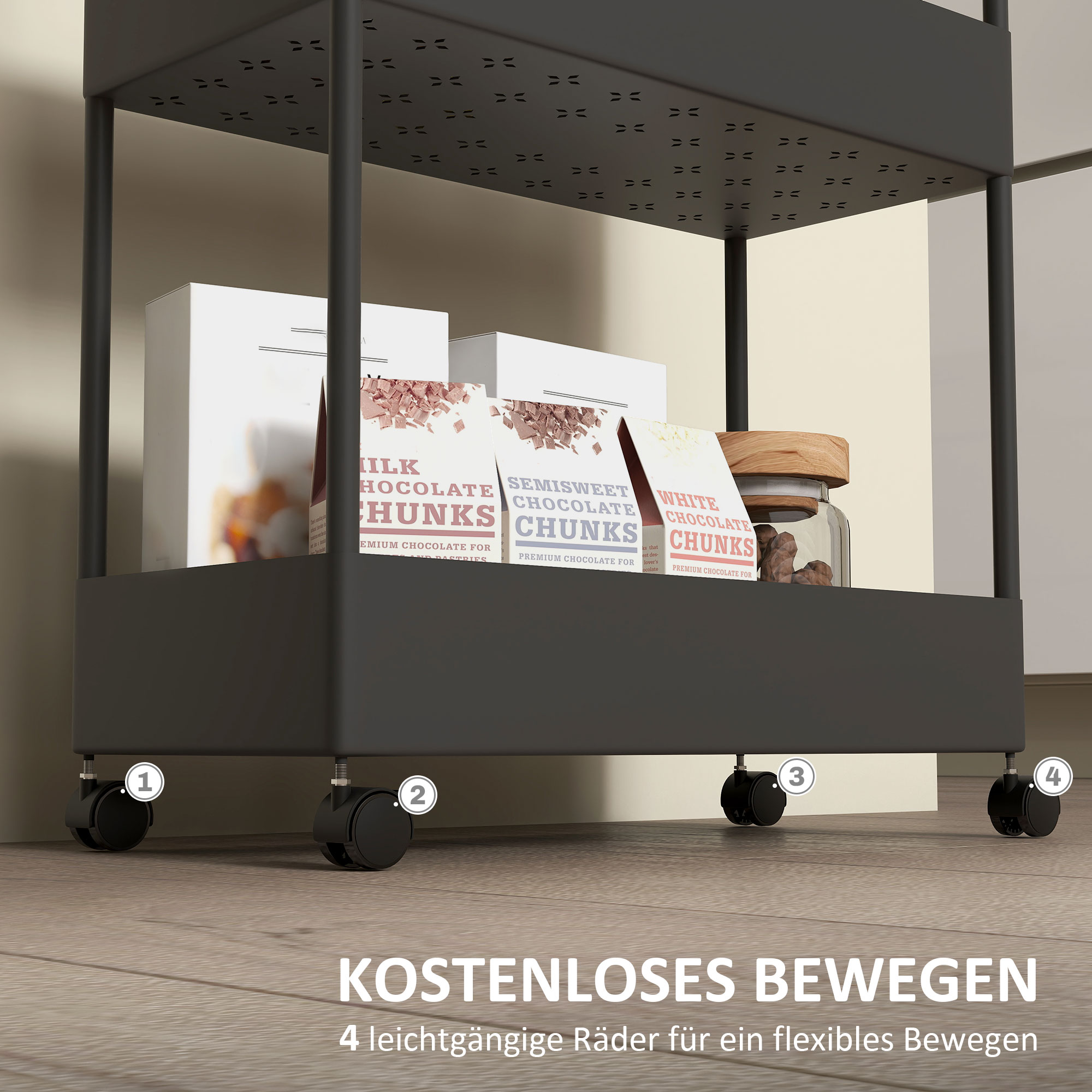 Küchenwagen mit 4 Regalen, 4 flexiblen Haken, 4 Rollen, 40 cm x 19 cm x 90 cm, Nischenwagen, Schwarz
