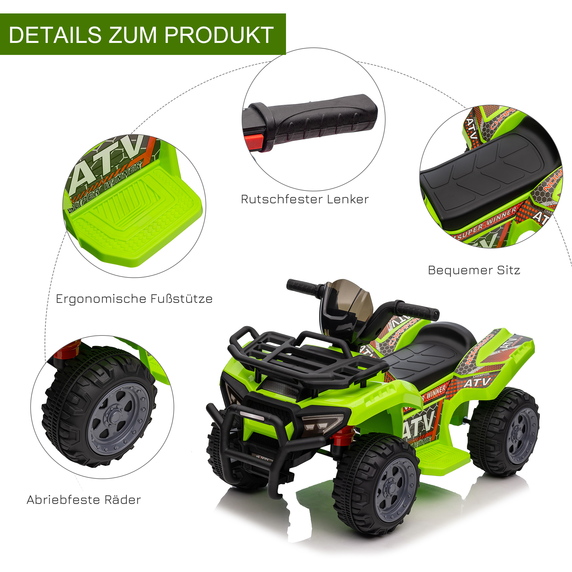 Kinderquad 6V Kinderquad mit Vorwärtsfunktion, Musik, Elektro-Quad für Kinder 1,5-3 Jahre Grün