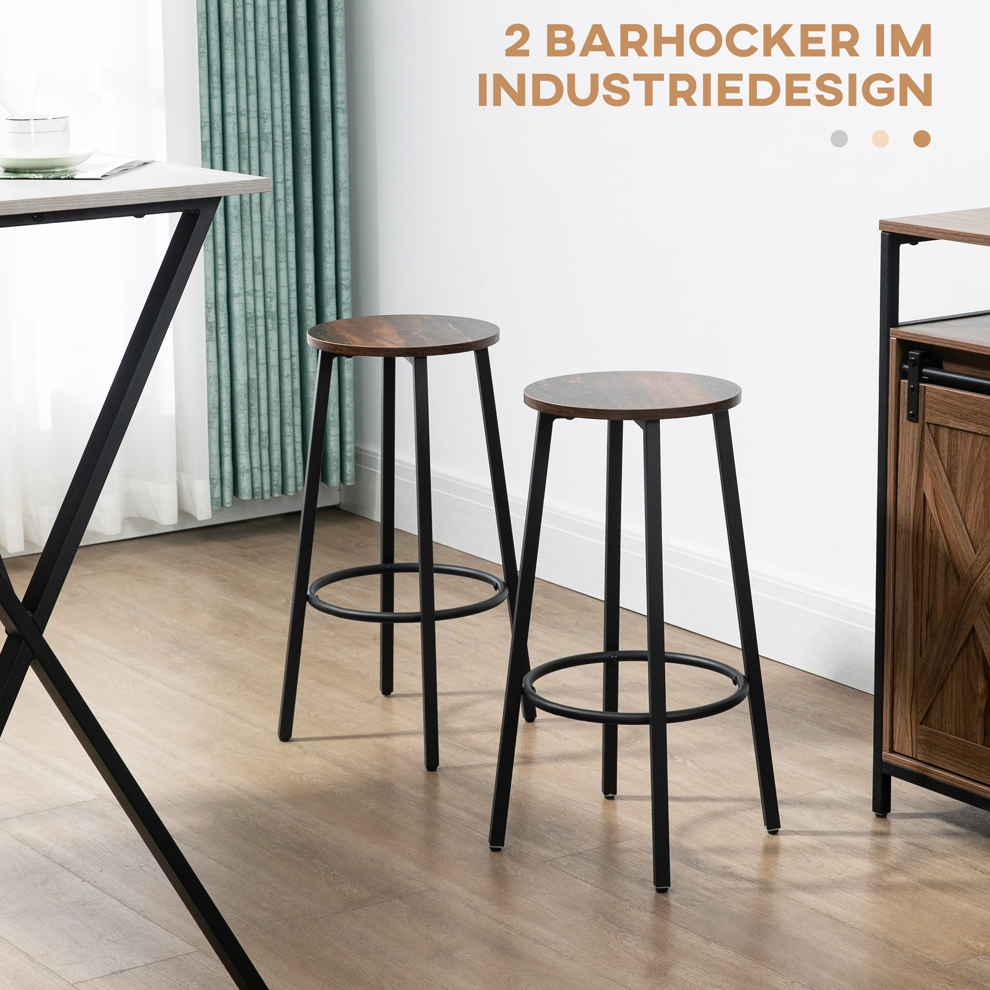 Barhocker-Set aus 2 Barstühlen im Industrial Design, Metallrahmen, Fußstütze, 42 x 42 x 65 cm