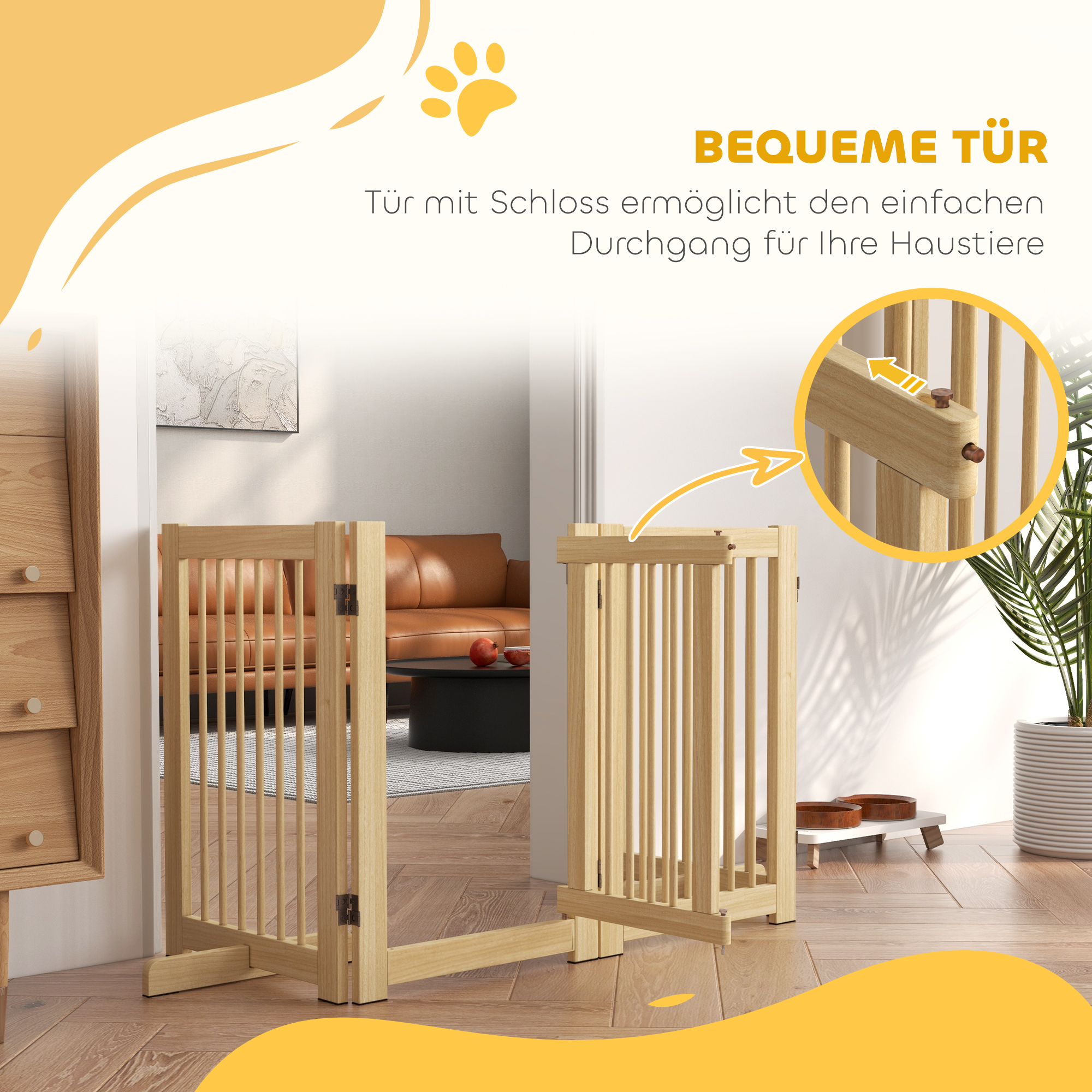 Freistehendes Hundegitter, 4 Paneele, flexibel, Kiefernholz, 204L x 36B x 75H cm, Naturholz