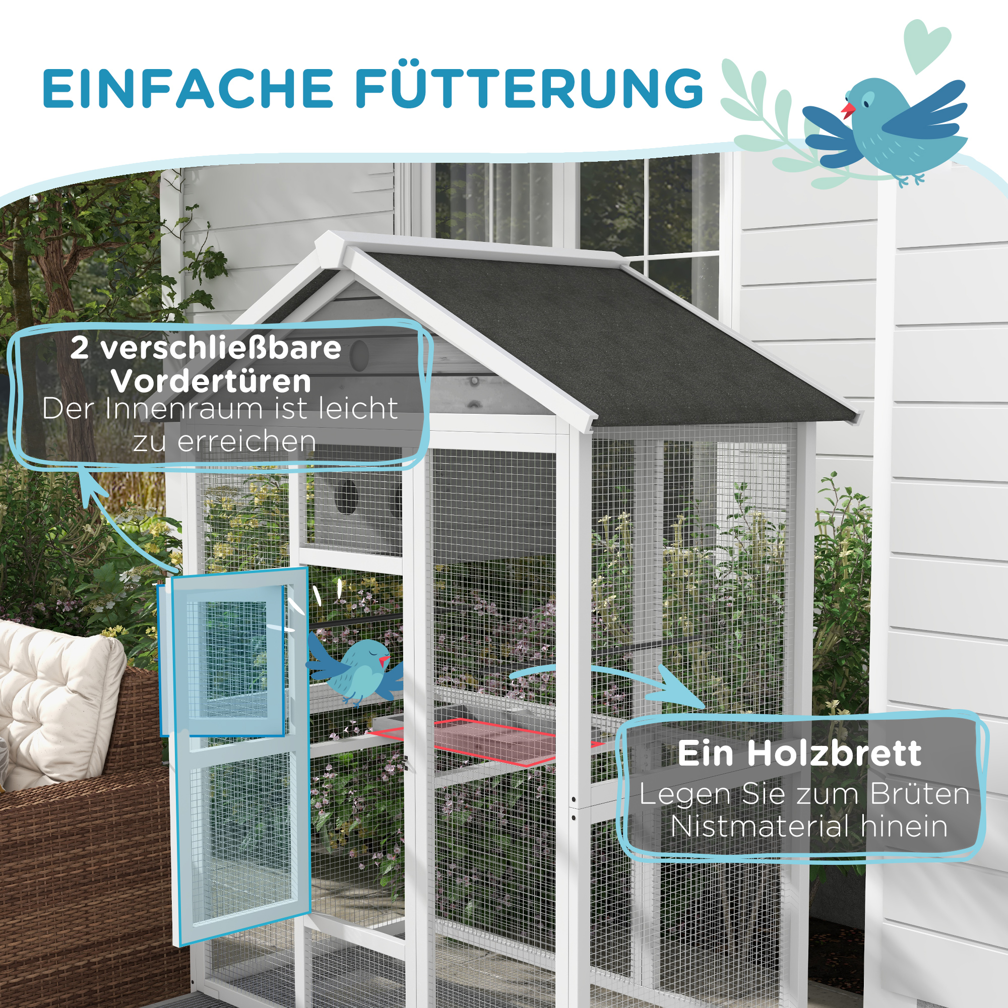 Vogelkäfig aus Holz, mit 4 Sitzstangen, Asphaltdach, wasserdicht, 112 x 68 x 154 cm